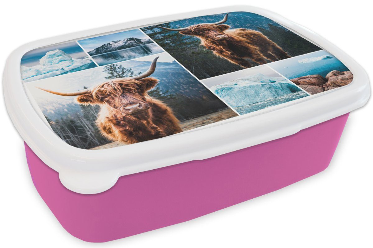 rosa MuchoWow - Kunststoff, (2-tlg), Brotbox für Schottischer Lunchbox Collage Mädchen, Winter, - Erwachsene, Kunststoff Kinder, Highlander Snackbox, Brotdose