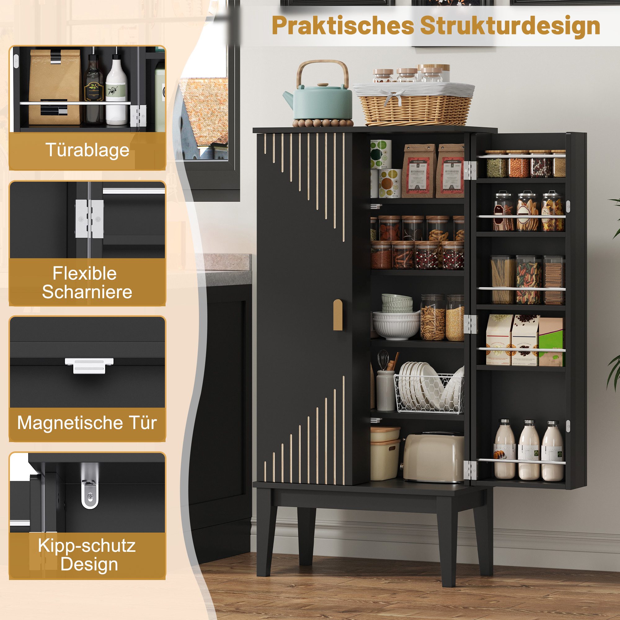 Celya Sideboard geräumiger Küchenschrank, 2-Tür-Aufbewahrungsschrank mit Türablage (Vintage-Stil Aufbewahrungsschrank mit Fünf Regalfächer), geeignet für Küche, Esszimmer, Wohnzimmer und Flur