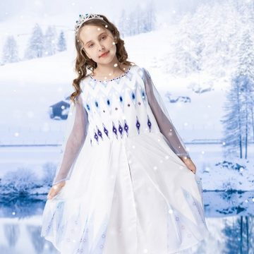Corimori Prinzessin-Kostüm Prinzessinnen-Kostüm Set für Elsa Fans, Kinder, Prinzessinenkleid für Fasching, Karneval hellblau-weiß, Größe 128/134
