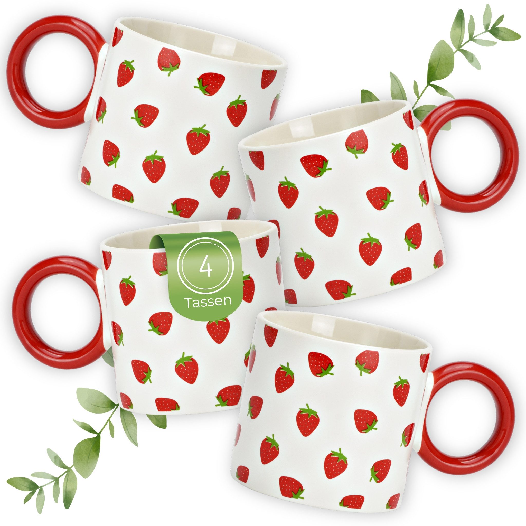 matches21 HOME & HOBBY Tasse Kaffeetassen Erdbeer Dekor, 4er Set Kaffeetasse Weiß Gelb, 4-tlg., Porzellan, Bunte Obst Frühstückstasse 330 ml