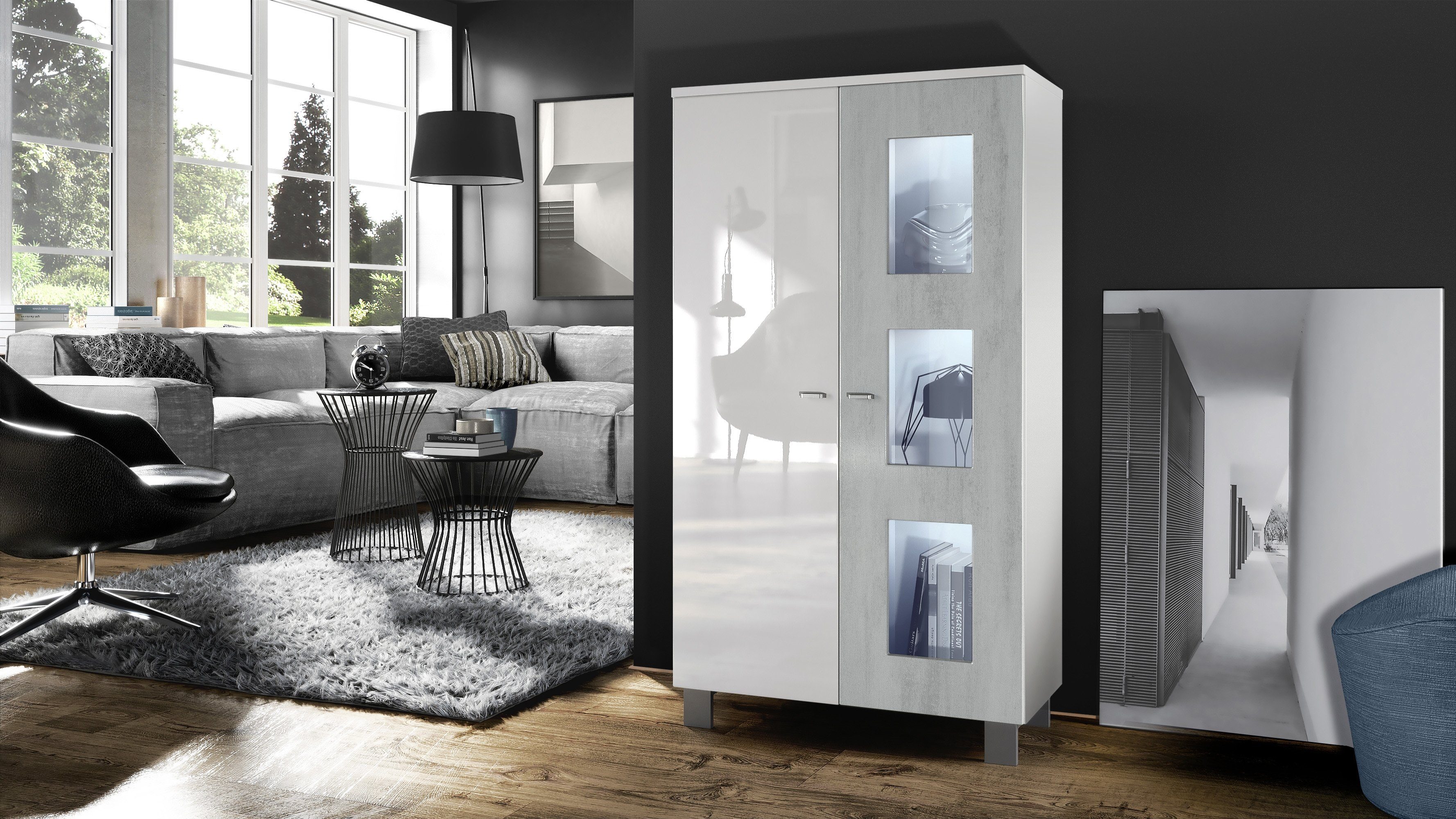 Vladon Standvitrine Denjo (Standvitrine, mit 2 Türen und 3 Glaseinsätzen) Weiß matt&glänzend/ Beton Oxid Optik mit Beleuchtung (71x129x35 cm)