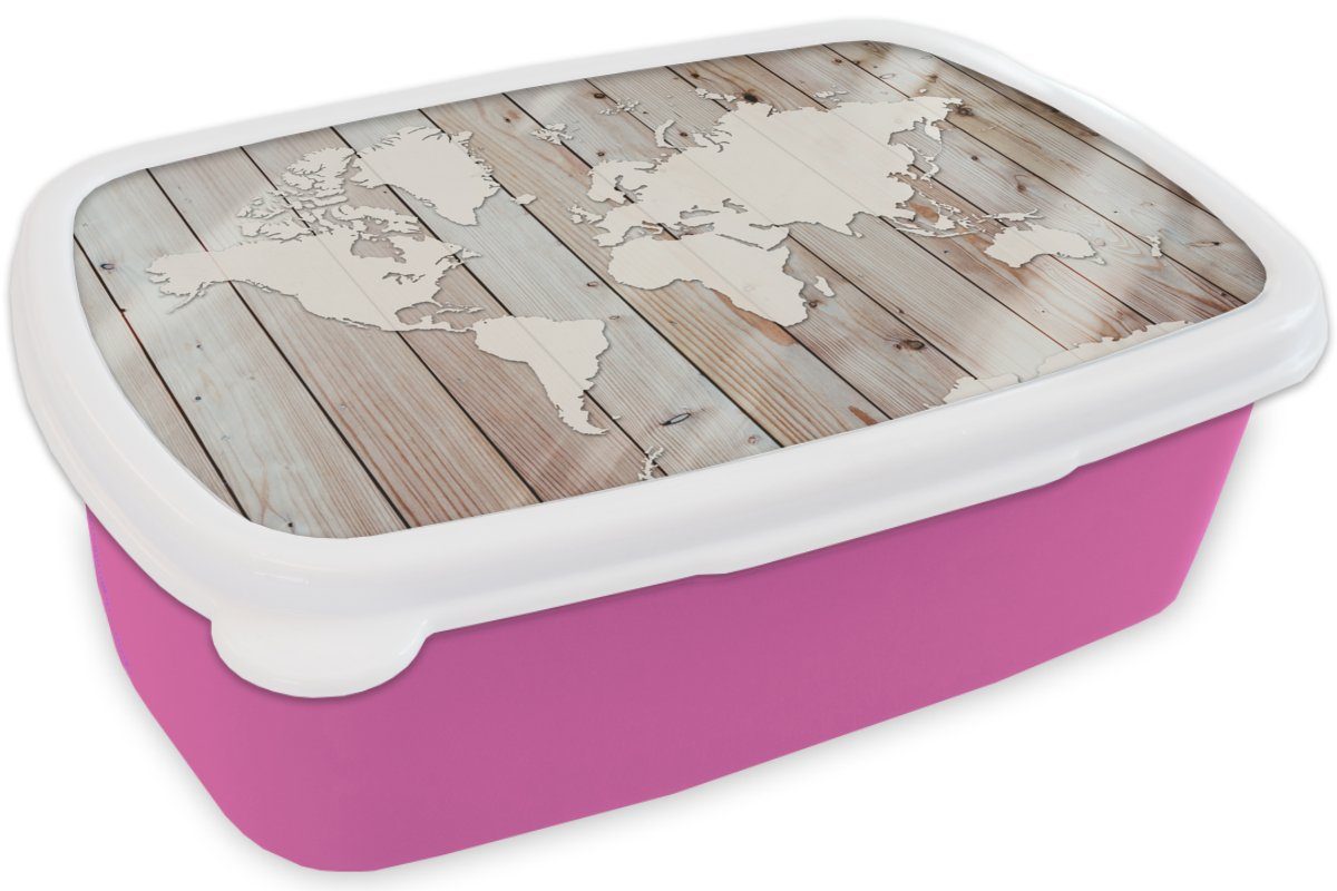 Einfach, Mädchen, für Snackbox, Holz rosa Brotbox Erwachsene, (2-tlg), Brotdose Kunststoff Kinder, Kunststoff, Weltkarte Lunchbox - - MuchoWow