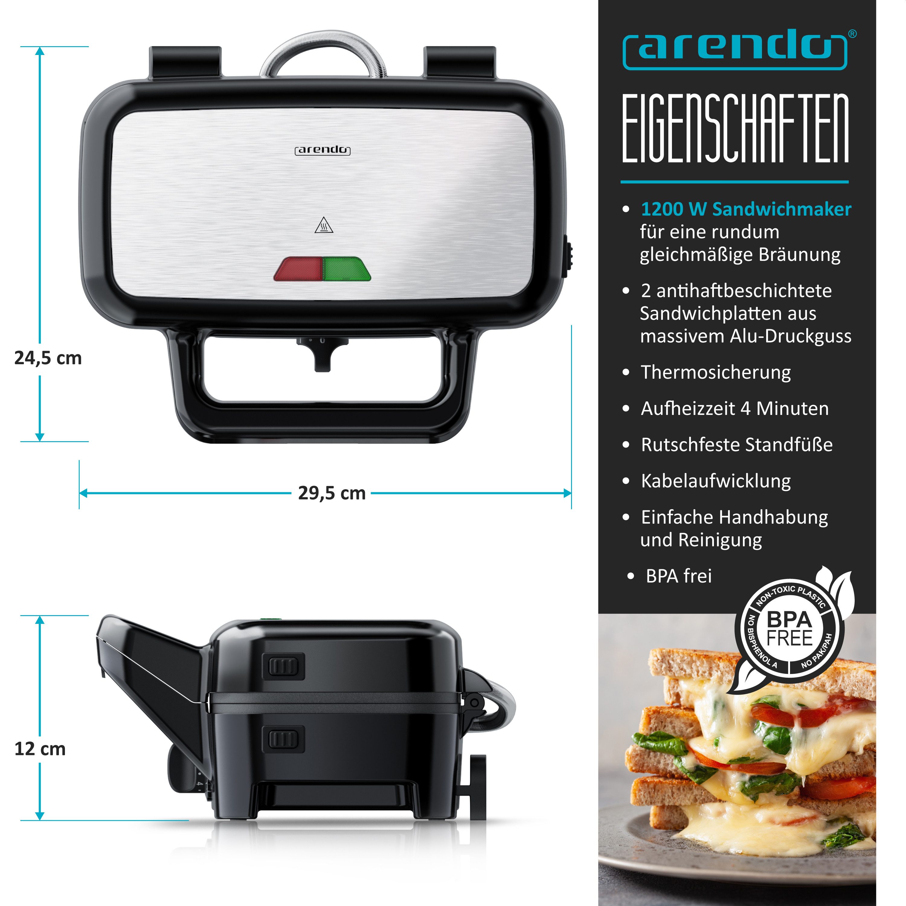 Arendo Sandwichmaker Antihaftbeschichtung, Sandwich Maker, Sandwichtoaster für große Toasts, 1200 W, abnehmbare und spülmaschinentaugliche Platten, Temperaturkontrolle