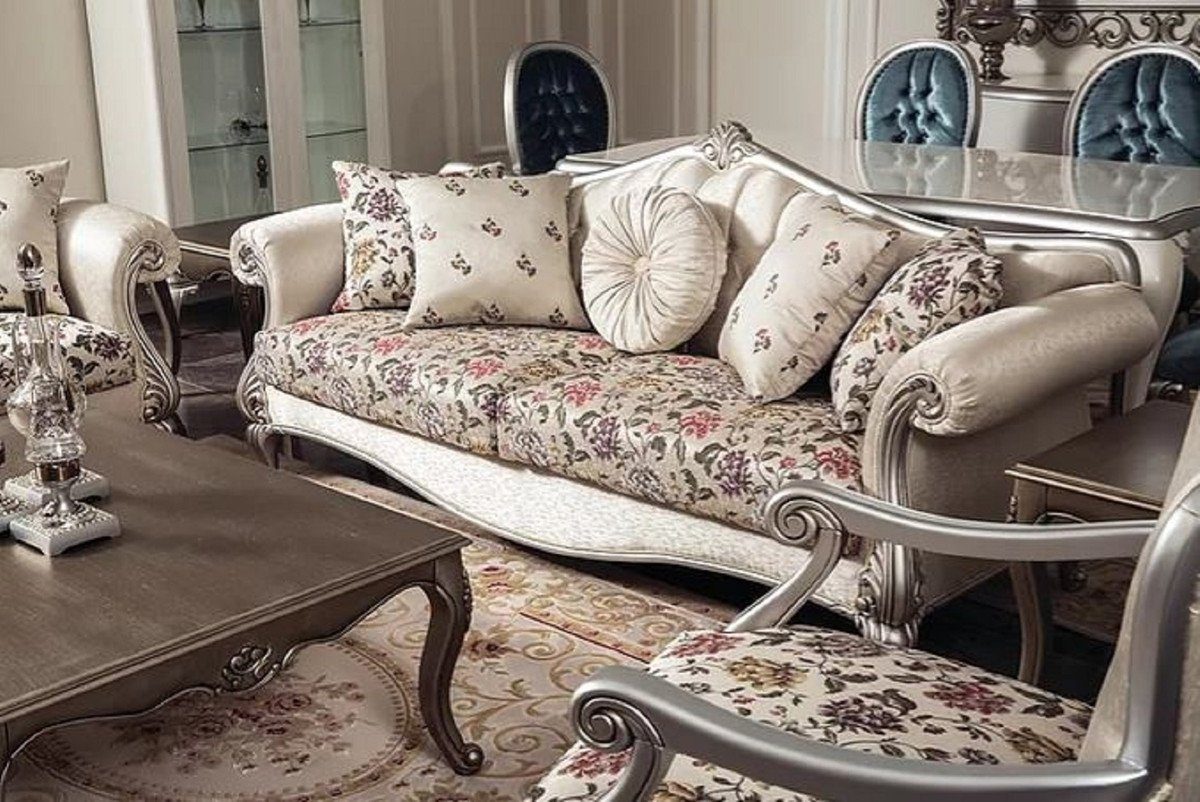 Casa Padrino Sofa Luxus Barock Sofa Creme / Beige / Silber 230 x 84 x H. 99  cm - Edles Wohnzimmer Sofa mit Blumenmuster und dekorativen Kissen - Barock  Wohnzimmer Möbel | Big Sofas