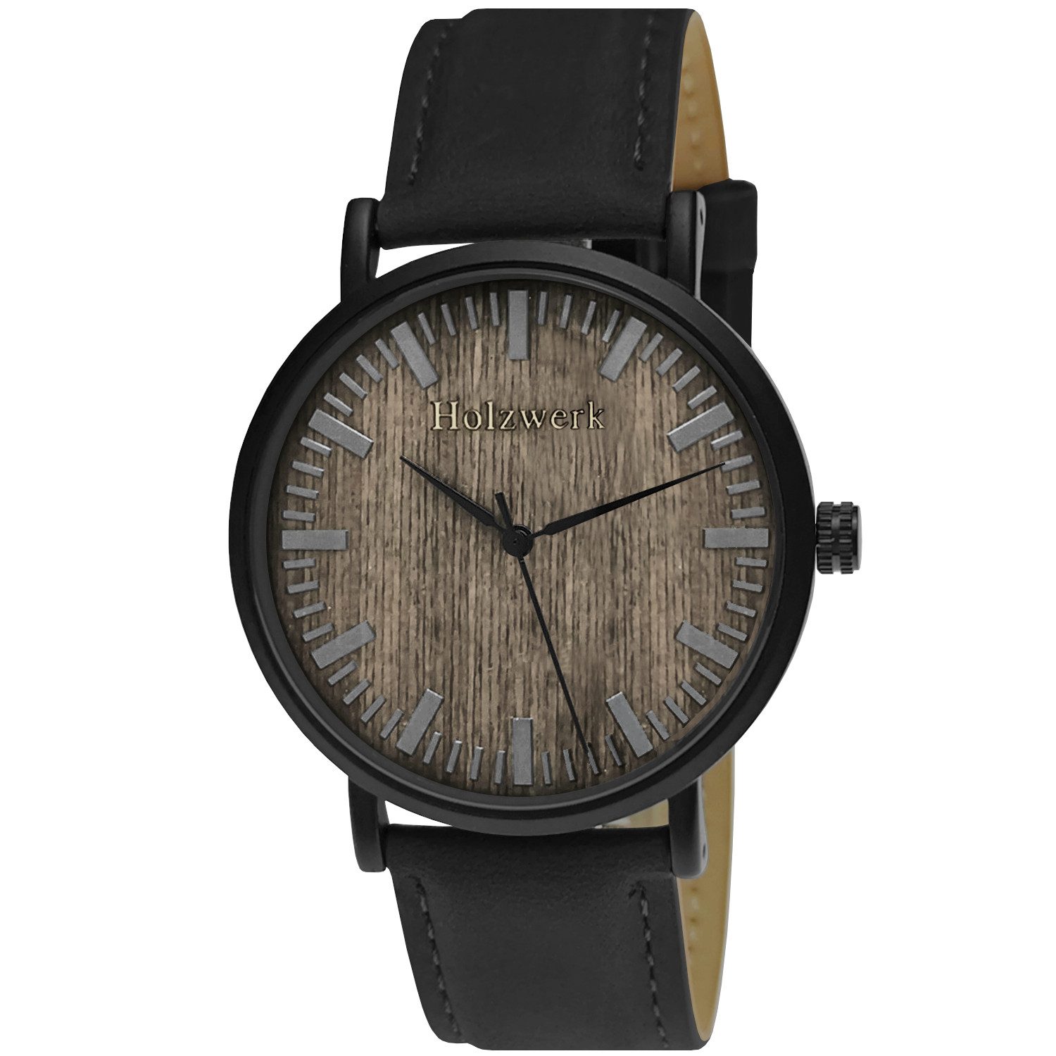 Holzwerk Quarzuhr Damen & Herren Edelstahl & Holz Uhr mit Leder Armband, schwarz, flaches 4 mm Gehäuse