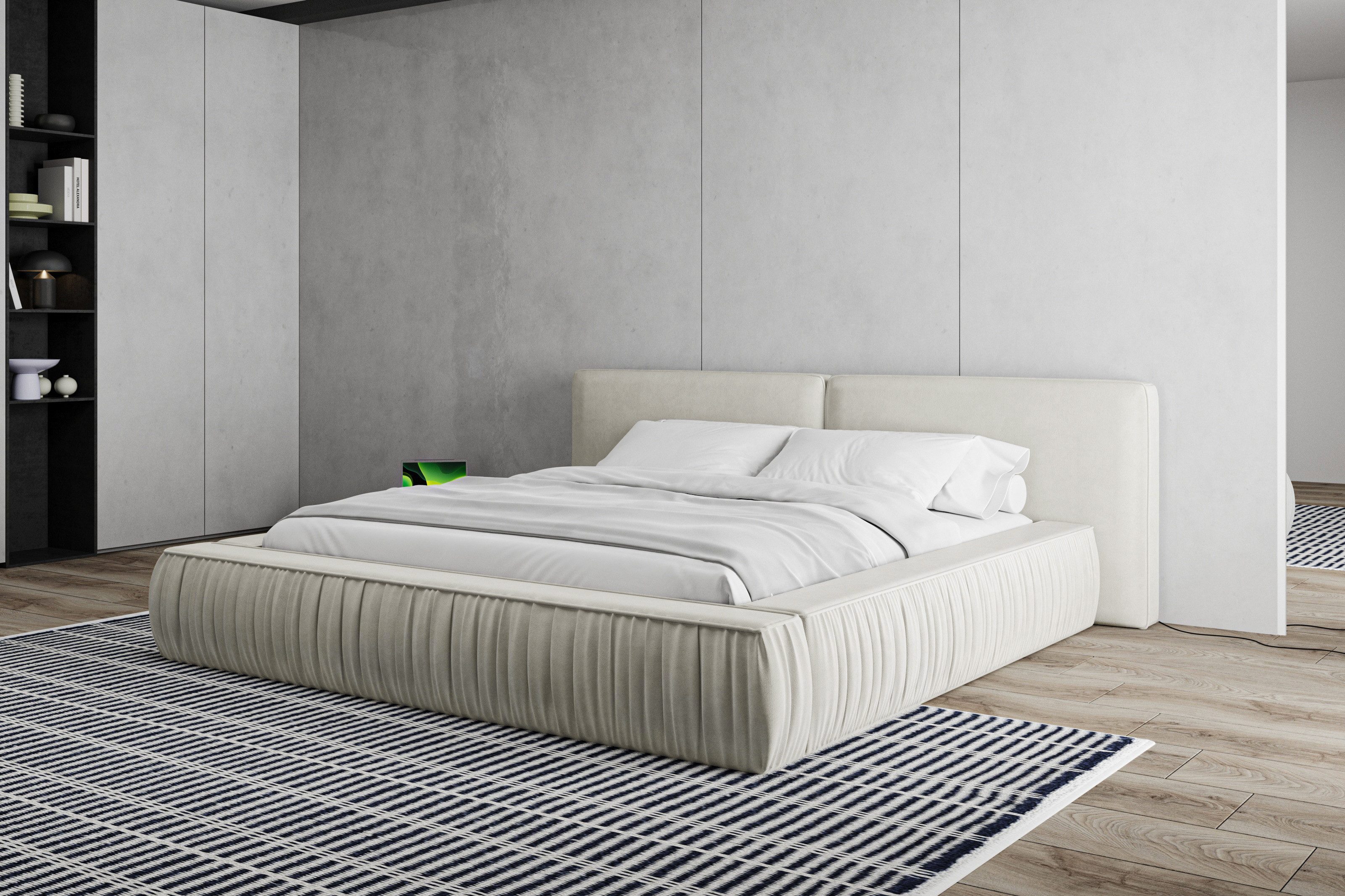 MOEBLO Polsterbett Bett 08 (Bezug: Samt, Doppelbett mit Kopfteil, Bettrahmen, Polsterbett Doppelbett Stauraumbett - Eleganz und Funktionalität in einem modernen Design, Dekorative Stoffsümpfe), - (BxHxT):207/227/247x94x240 cm