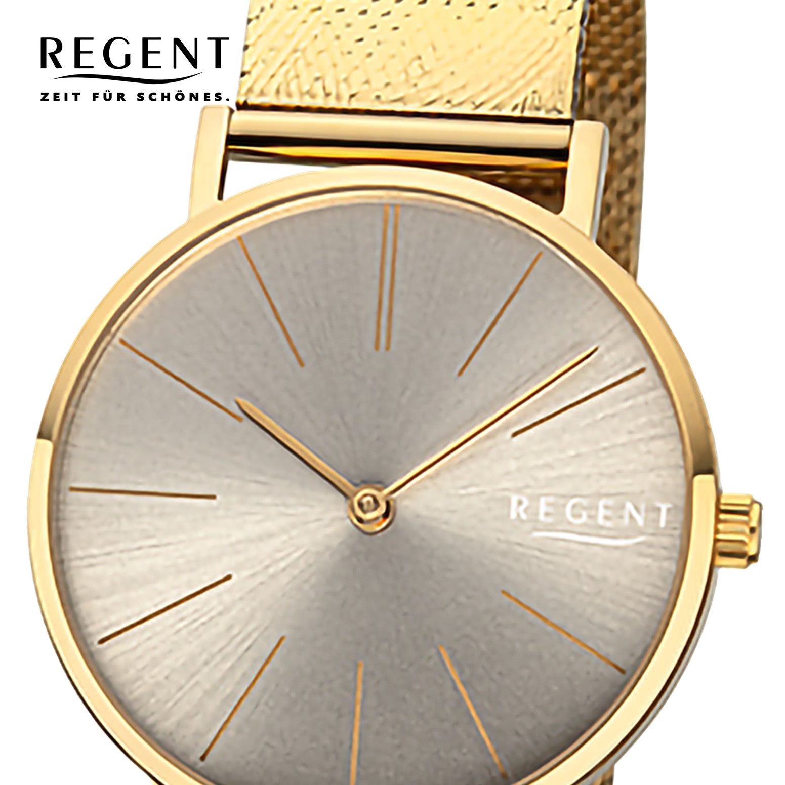 Regent Quarzuhr Regent Damenuhr Edelstahl-Armbanduhr, (Analoguhr), Damenuhr rund, mittel (ca. 32mm) Mesh Metallarmband, Casual-Style