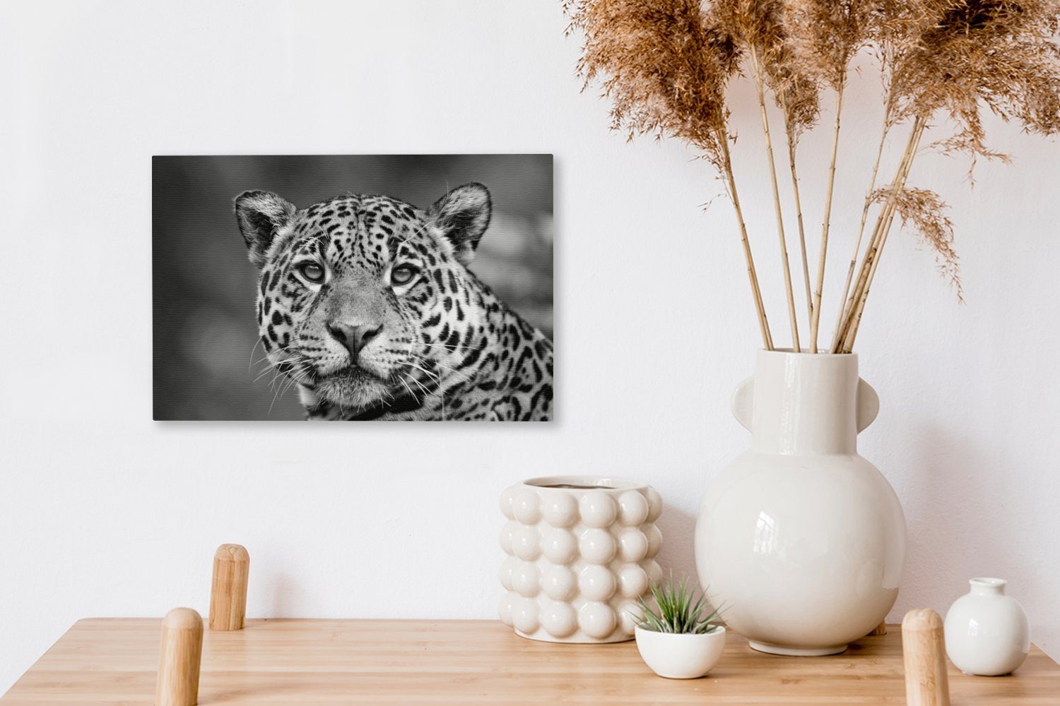 Leinwandbild cm schwarz Leinwandbilder, 30x20 - St), bunt Aufhängefertig, Wanddeko, weiß, Nahaufnahme (1 Wandbild Leopard und OneMillionCanvasses®