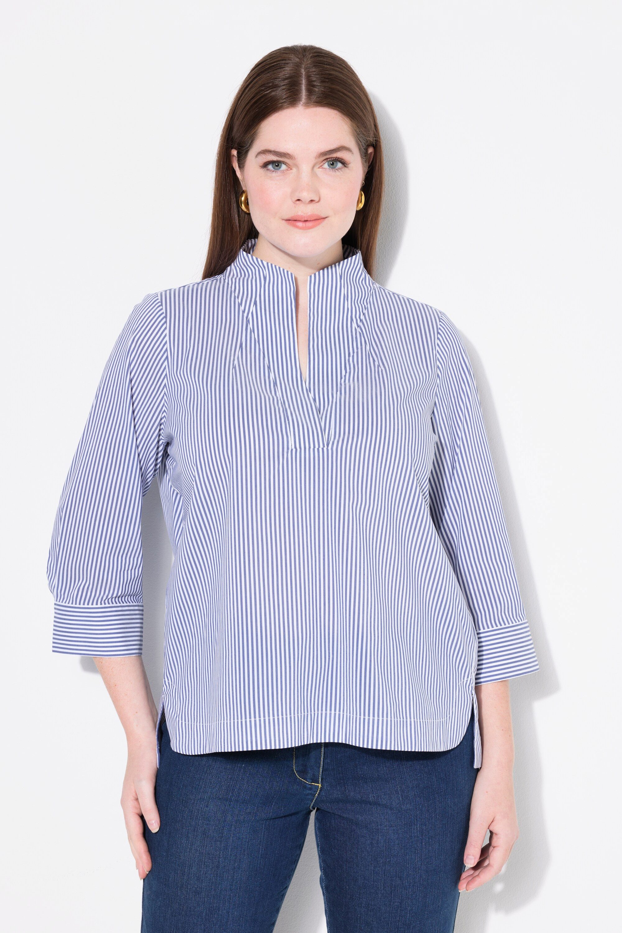 Ulla Popken Longbluse Tunika Streifen Kelchkragen hinten länger 3/4-Arm