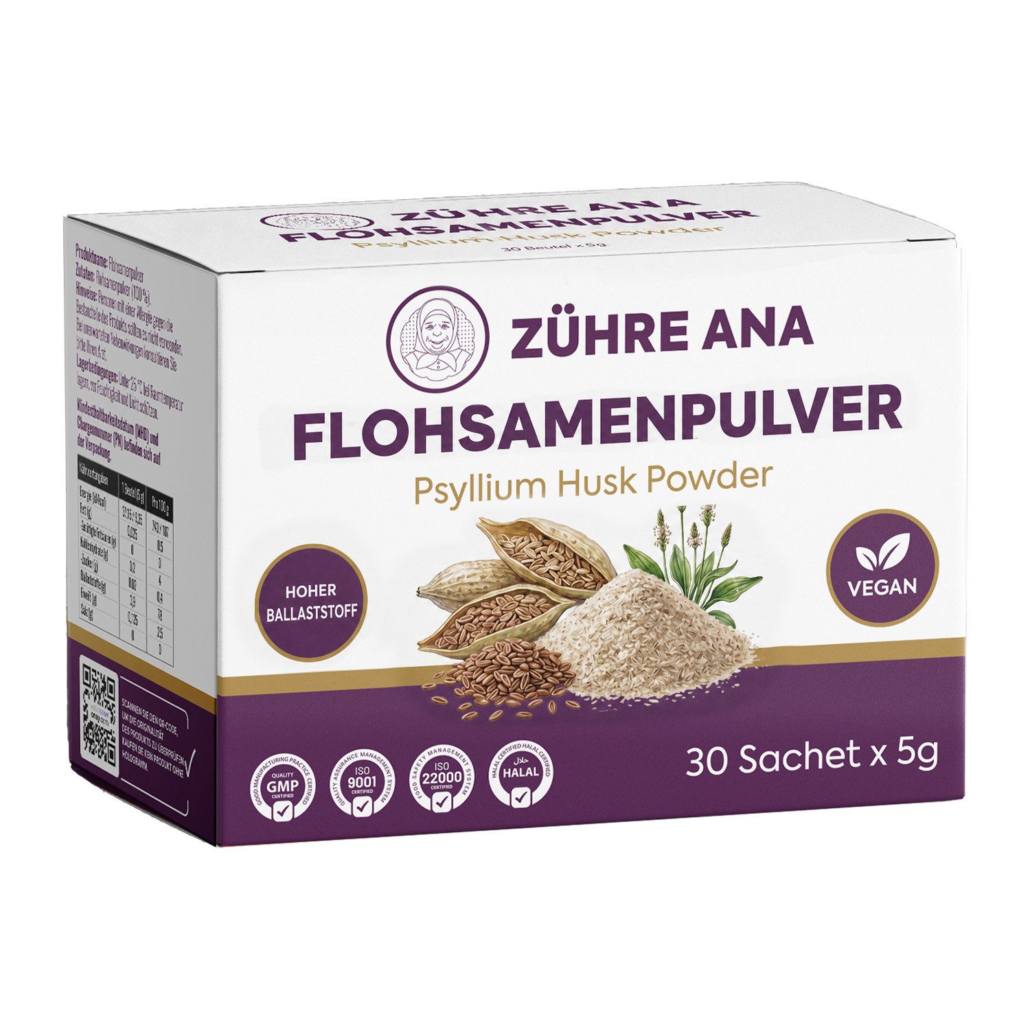 Zühre Ana® Flohsamenpulver 100 % rein – Pflanzliches Pulver – 30 x 5 g Pulver, 150 g, Ballaststoffreich, vegan, einfach mit Wasser oder Joghurt zuzubereiten
