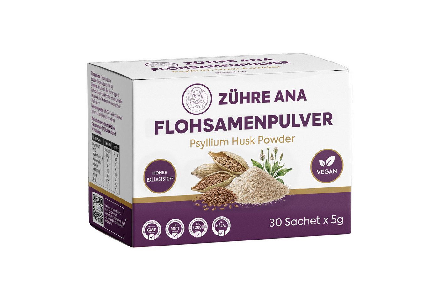 Zühre Ana® Flohsamenpulver 100 % rein – Pflanzliches Pulver – 30 x 5 g Pulver, 150 g, Ballaststoffreich, vegan, einfach mit Wasser oder Joghurt zuzubereiten
