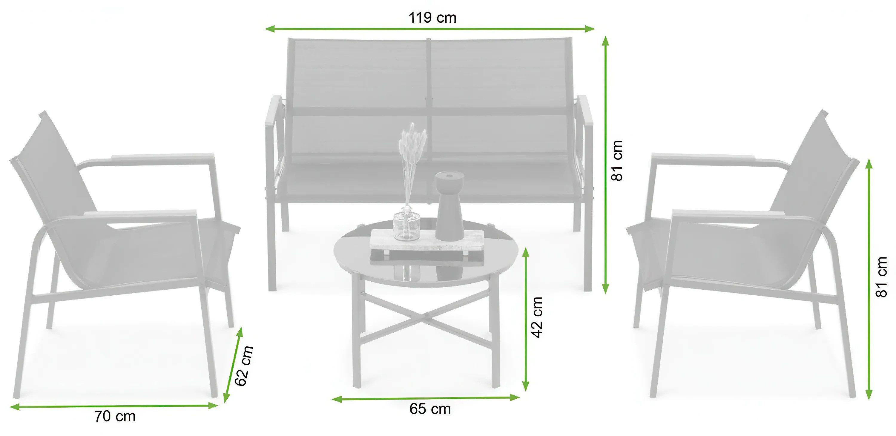 Focus Garden Gartenlounge-Set "MANGO COFFEE" mit 2 Stühlen, Doppelsitzer und runder Tisch, (4-tlg), Polywood Holz-Optik Armlehnen, Stahl, Textilene