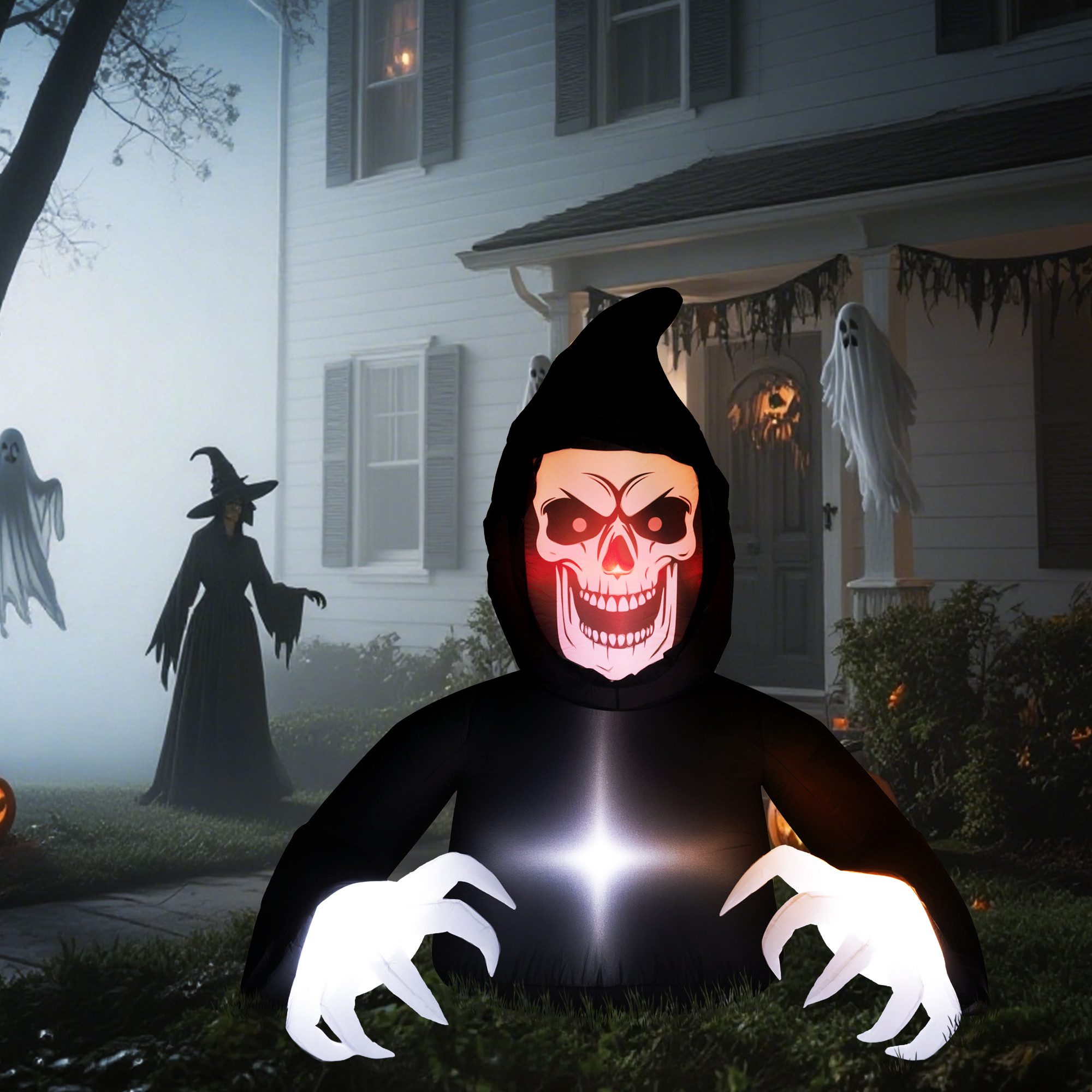 Outsunny LED-Dekofigur LED-Lichter, Gebläse, mitgeliefert, Rasen (Halloween-Dekoration, 1 St., Aufblasbarer Sensenmann), 1,9 x 1,15 x 1,8 m, für Halloween, Outdoor, Hof, Dekoration, Garten