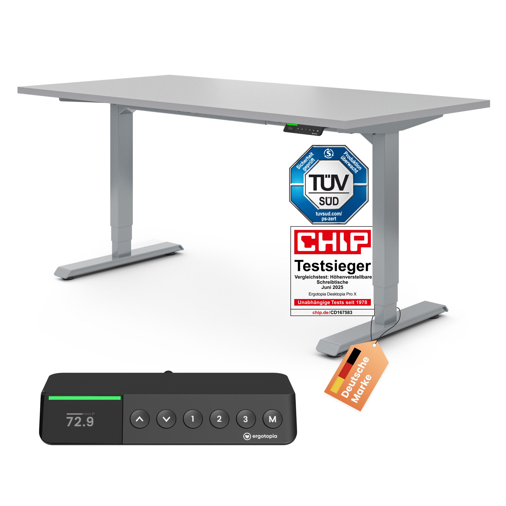 Ergotopia Schreibtisch Desktopia Pro X elektrisch höhenverstellbarer Schreibtisch, elektrisch verstellbarer Bürotisch inkl. edlem OLED-Display