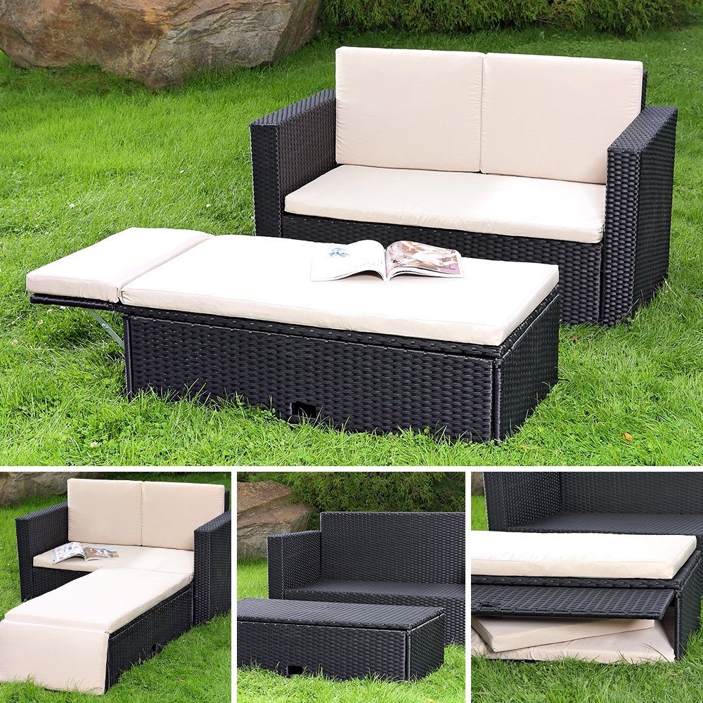 Feel2Home Garten-Essgruppe Gartensofa Fußbank Lounge Polyrattan Outdoor Garnitur versch. Farben, (Set, Sofa & Ottomane), Kissen inkl. Reißverschluss daher abnehm- und waschbar
