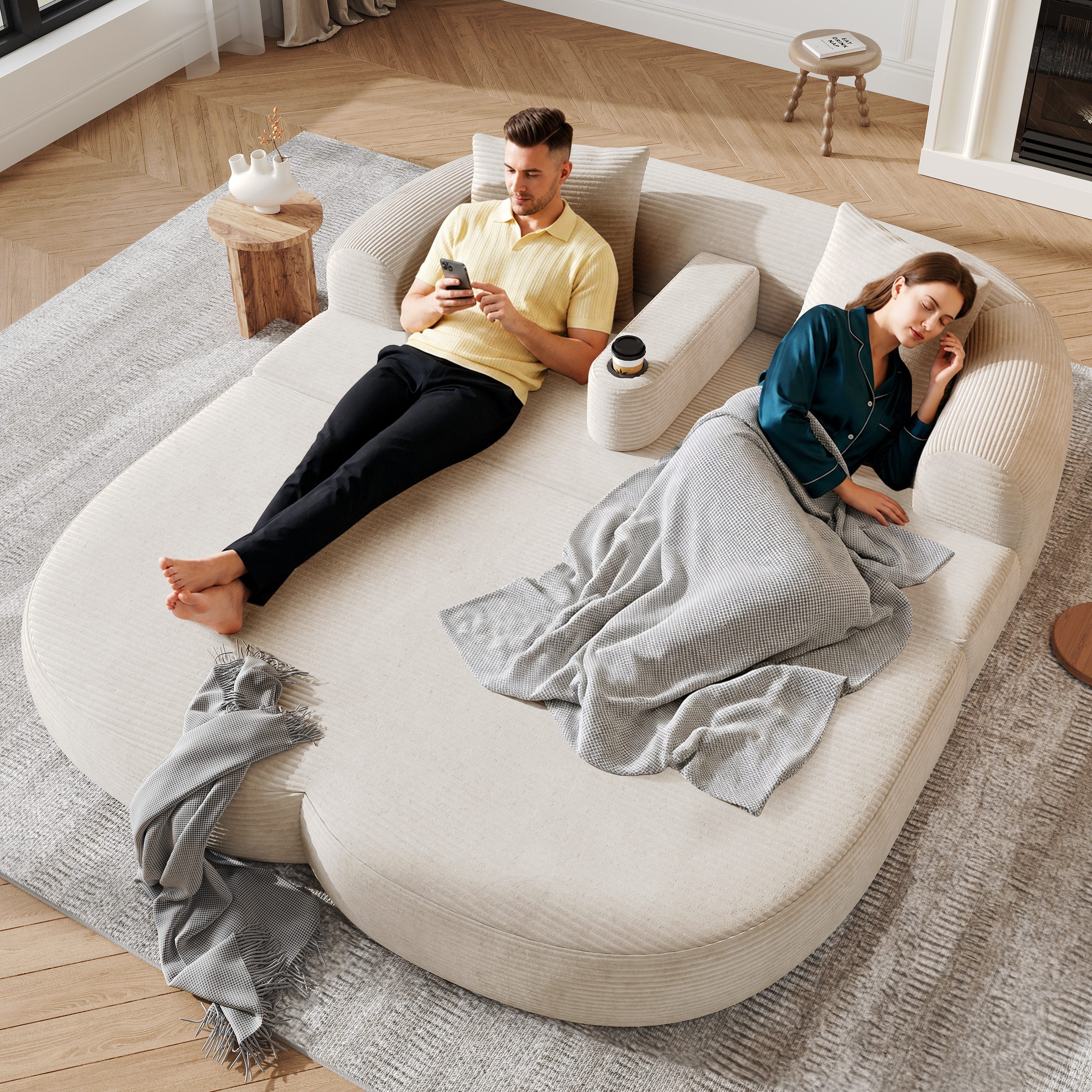 Merax Schlafsofa mit Schlafunktion, Klappbares Loungesofa, Cordstoff, 184 x 176 x 47 cm 1 Teile, Boneless Couch, Abnehmbare Mittelarmlehne mit Becherhalter & 2 Kissen