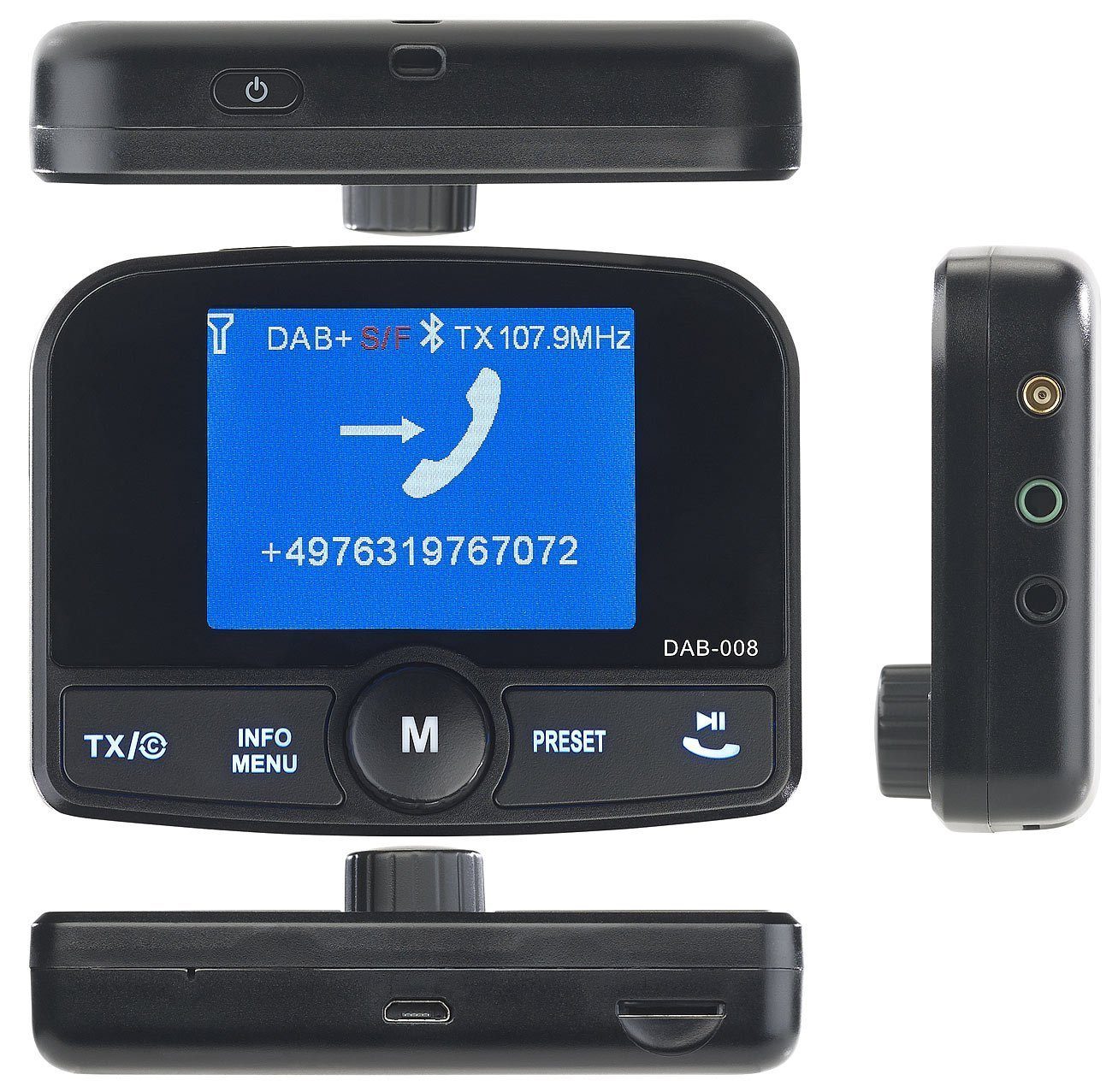 auvisio FMX-640.dab 3,5-mm-Klinke, Micro-SD FM-Transmitter per Freisprechen Micro-USB, Bluetooth zu von Audio-Übertragung MP3 UKW-Signal microSD-Karte, Wiedergabe Empfänger Micro-USB, KFZ-Transmitter Kfz-DAB