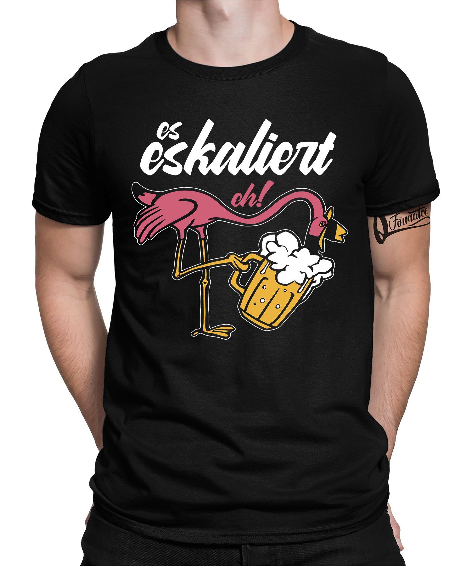 Quattro Formatee Kurzarmshirt Es Eskaliert Eh Flamingo Party Festival Karneval Fasching Bier - Lusti (1-tlg) Schwarz