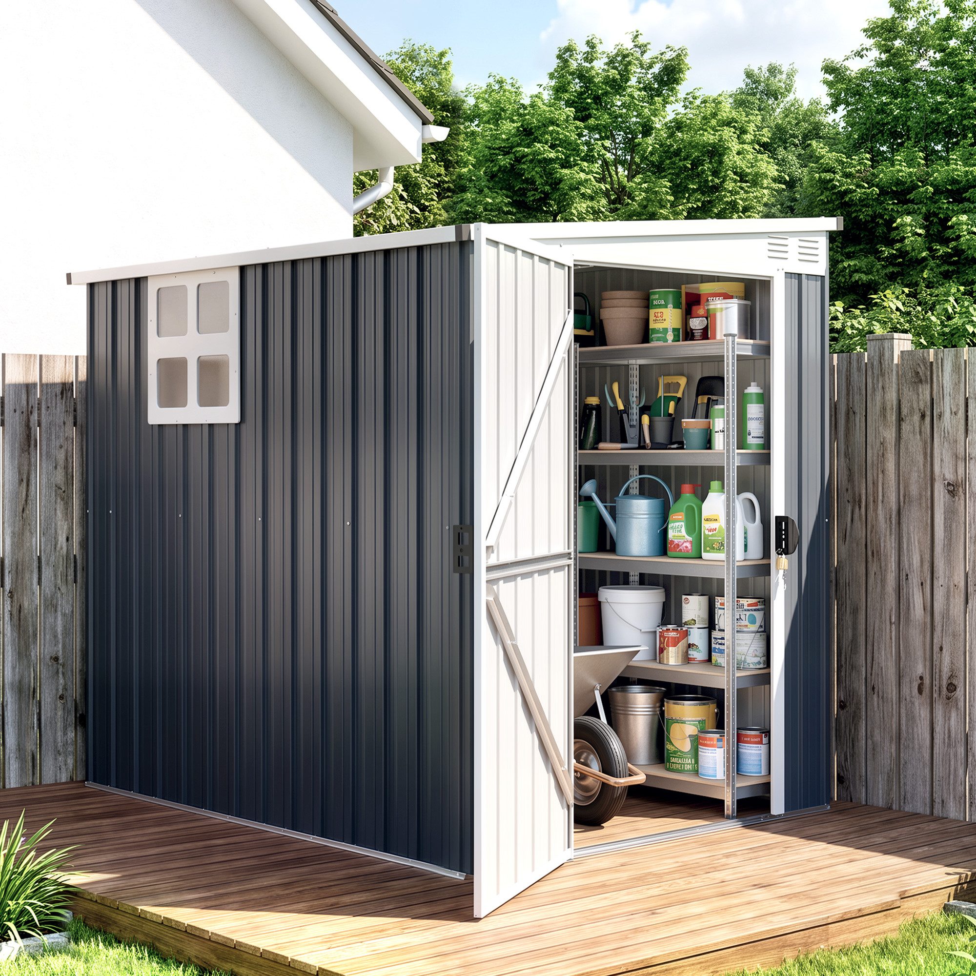 Outsunny Gerätehaus Metall Geräteschuppen mit Pultdach Abschließbarer Tür, BxT: 128x193 cm, (wetterfest Gartenschuppen, 1 St., Metall Geräteschuppen), Outdoor Garten Schuppen für Hinterhof, Außenbereich, Dunkelgrau