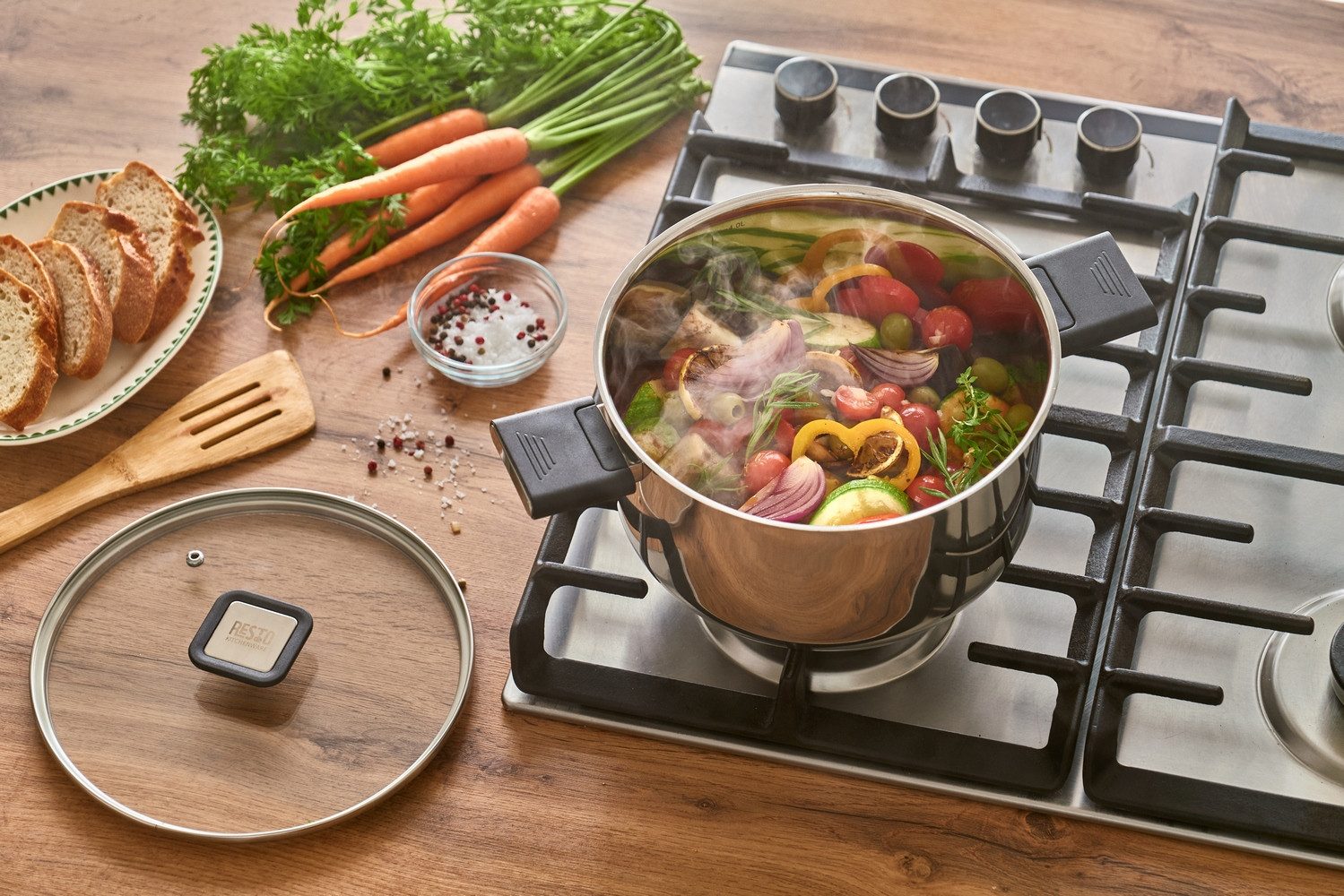 RESTO Kitchenware Kochtopf Anser, energiesparend und spülmaschinenfest, im Geschenkkarton, Edelstahl 18/10 (2-tlg), Geeignet für alle Herdarten, auch Induktion, mit klappbaren Griffen