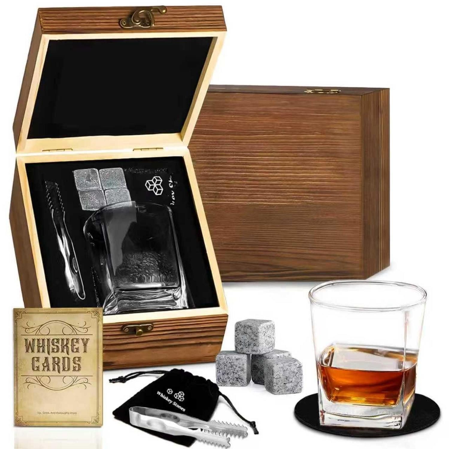 LuxusKollektion Whiskyglas Whiskyglas Set mit Steinen Kristall Holzbox