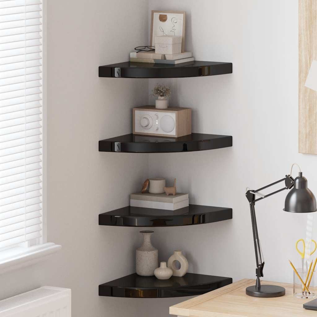 furnicato Wandregal 4er Set Eck-35 x 35 x 3,8 cm Hochglanz-Schwarz, 4-tlg., Schwebende Wandboard-Halterung mit unsichtbarem System für das Büro