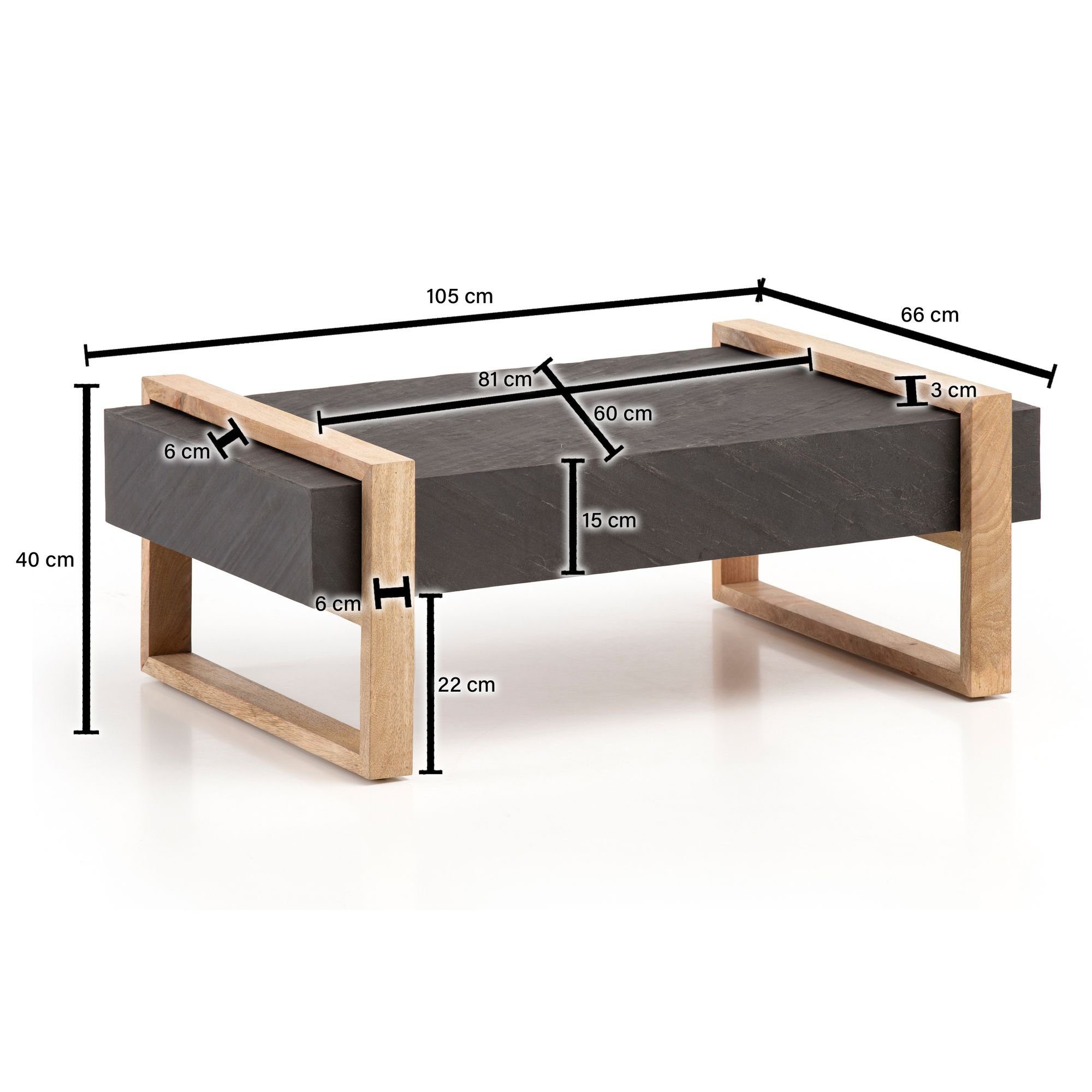 Steinoptik Sofatisch Anthrazit, Couchtisch (105x66x40 Wohnling cm Modern / Mango Wohnzimmertisch Massivholz), WL6.771