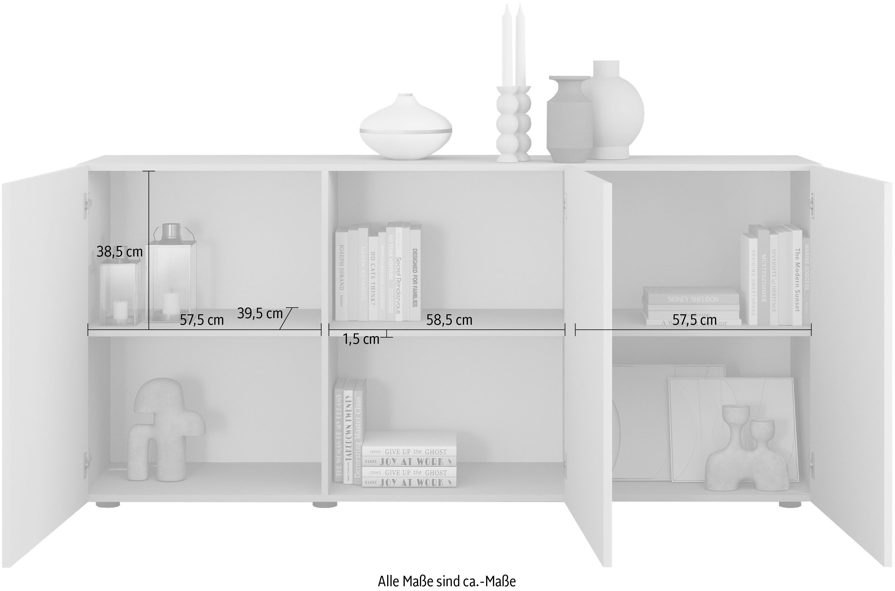 Home affaire Sideboard Rio Breite 181 cm, Kommode mit 3 Türen, Anrichte, geriffelte MDF-Fronten, modern u. elegant, viel Stauraum