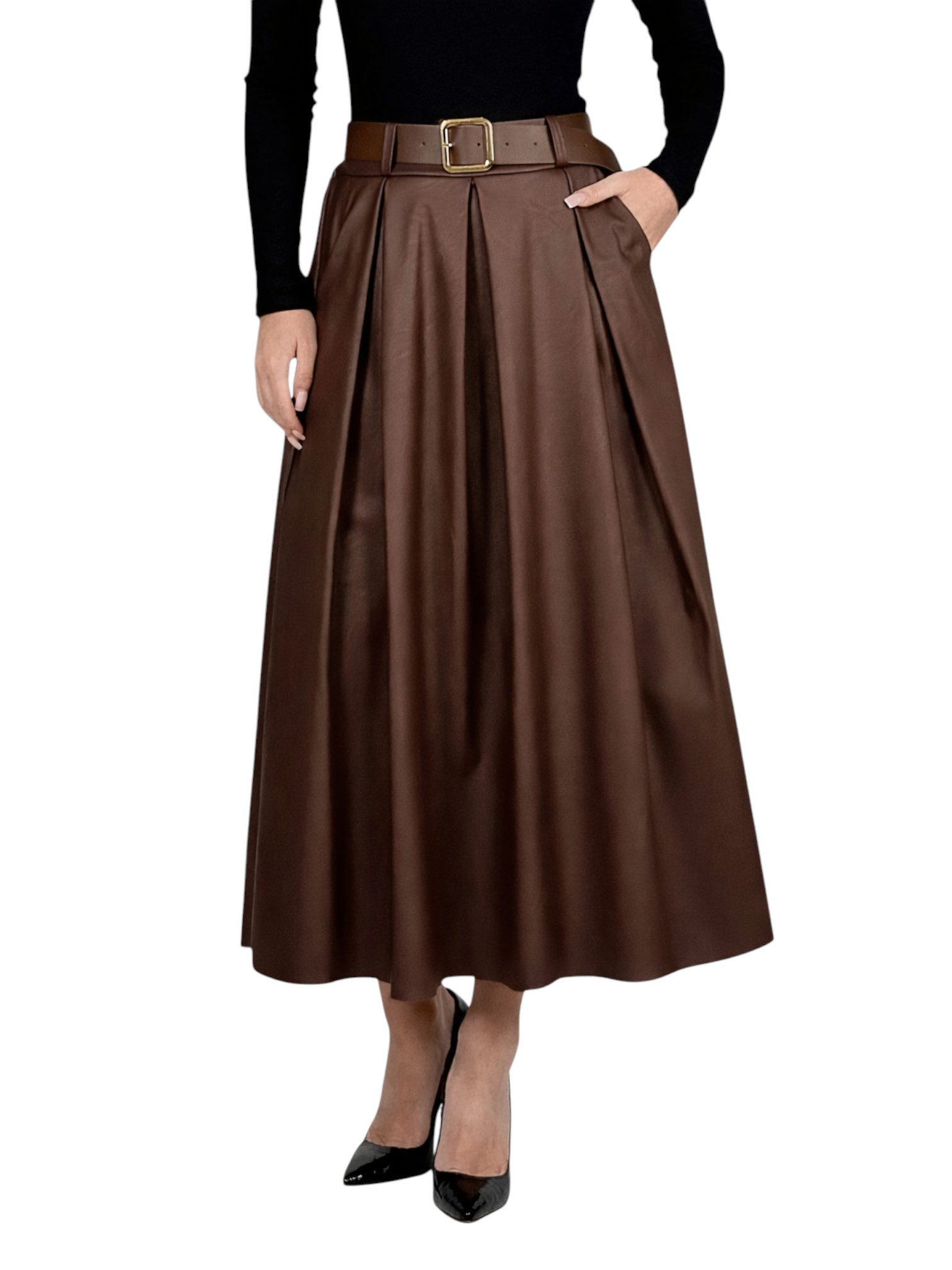 Mississhop Lederimitatrock Damen A-Linien Rock mit Gürtel und Metallschnalle M.405