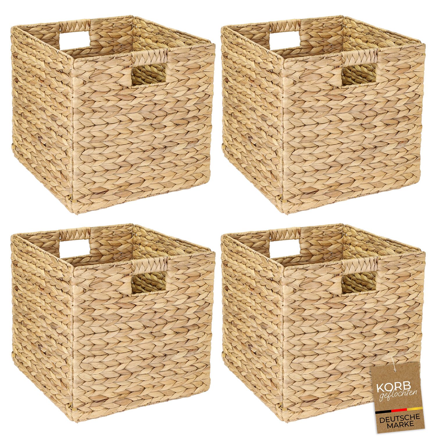 HMF Regalkorb Aufbewahrungskorb passend für KALLAX Regal, Korb geflochten aus, Wasserhyazinthe mit Griffen, 4er Set, 32 x 34,5 x 32 cm, Naturfarben
