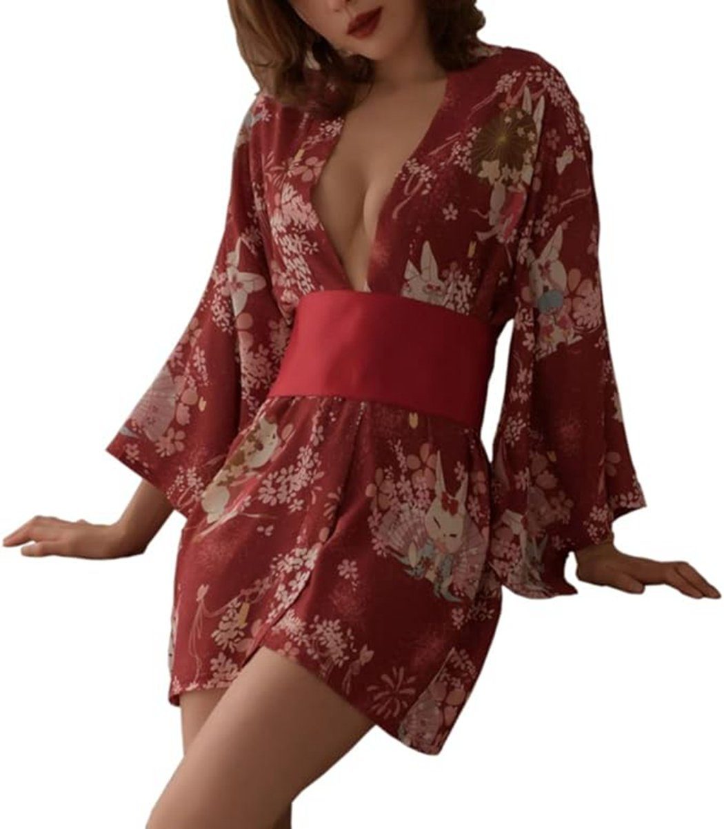 VOCTVTB Nachthemd Damen Robe Kimono Sexy Dessous Set Satin Nachthemd Bademantel Neujahr rot