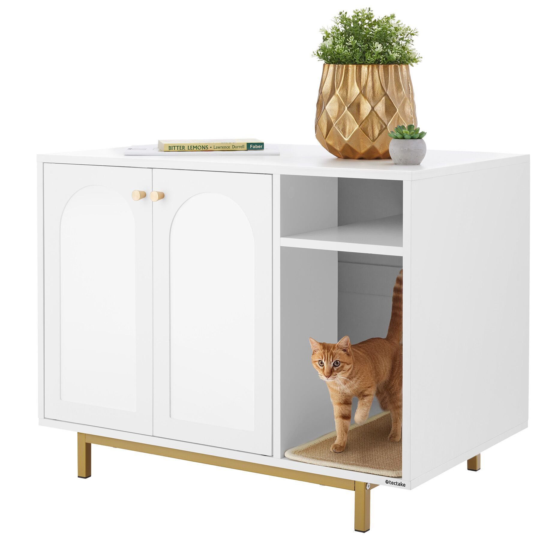 tectake Katzentoilette Katzenklo-Schrank, Kratzmatte, 80 x 52 x 61,5 cm, seitlicher Eingang, 2 große Flügeltüren mit Magnetverschluss, hohe Beine, kleines Staufach