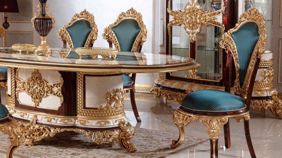 Casa Padrino Esszimmerstuhl Luxus Barock Esszimmerstuhl Set Blau / Braun /  Gold - Handgefertigtes Küchen Stühle 6er Set mit elegantem Muster - Barock  Esszimmer Möbel - Edel & Prunkvoll