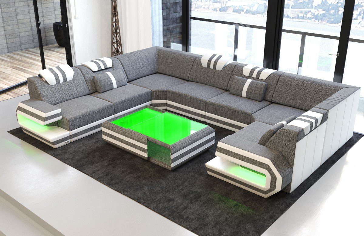 Sofa Dreams Wohnlandschaft Design Polster Stoff Sofa Ragusa U Form H Strukturstoff Stoffsofa, Couch wahlweise mit Hocker grau-weiß
