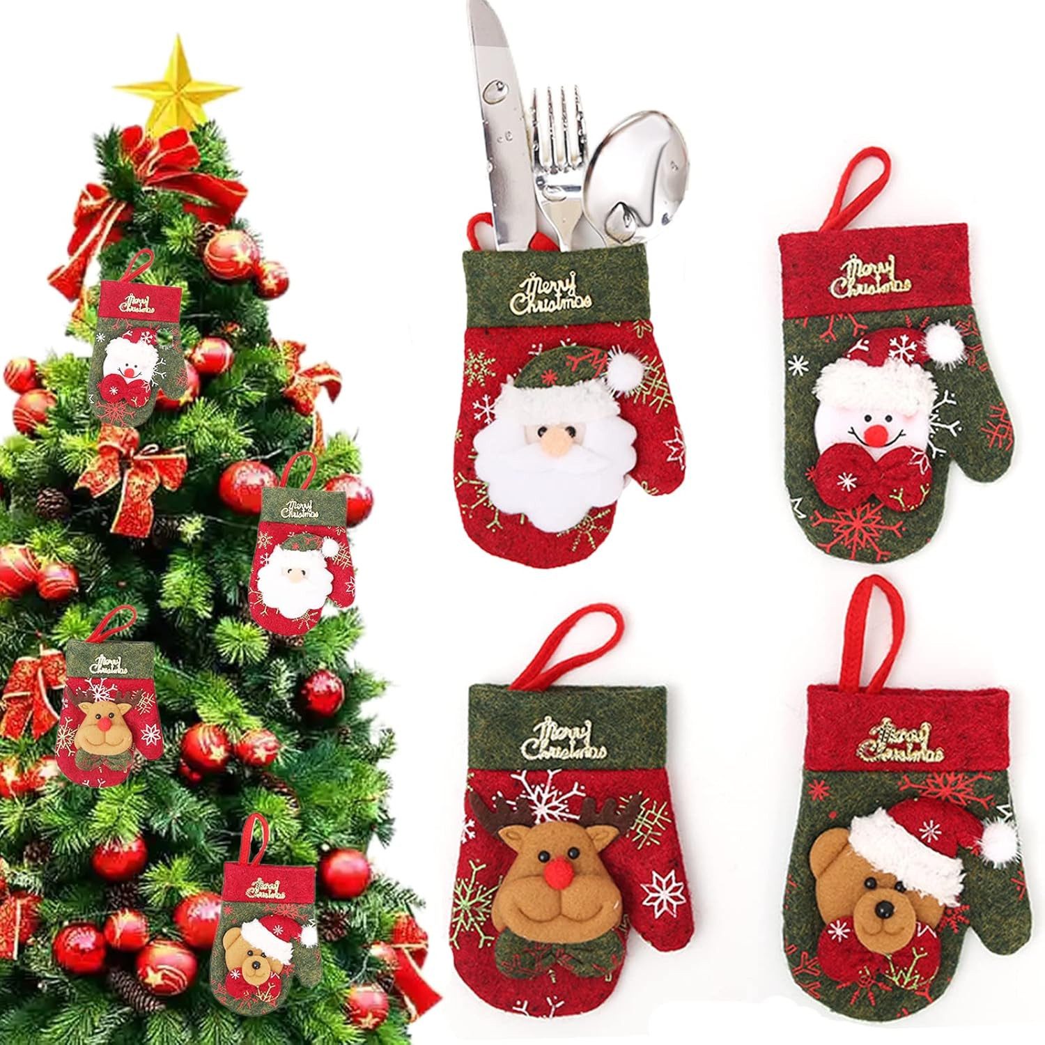 Coonoor Künstlicher Weihnachtsbaum Bestecktasche Weihnachten Messer Gabel Taschen Handschuh Geformt