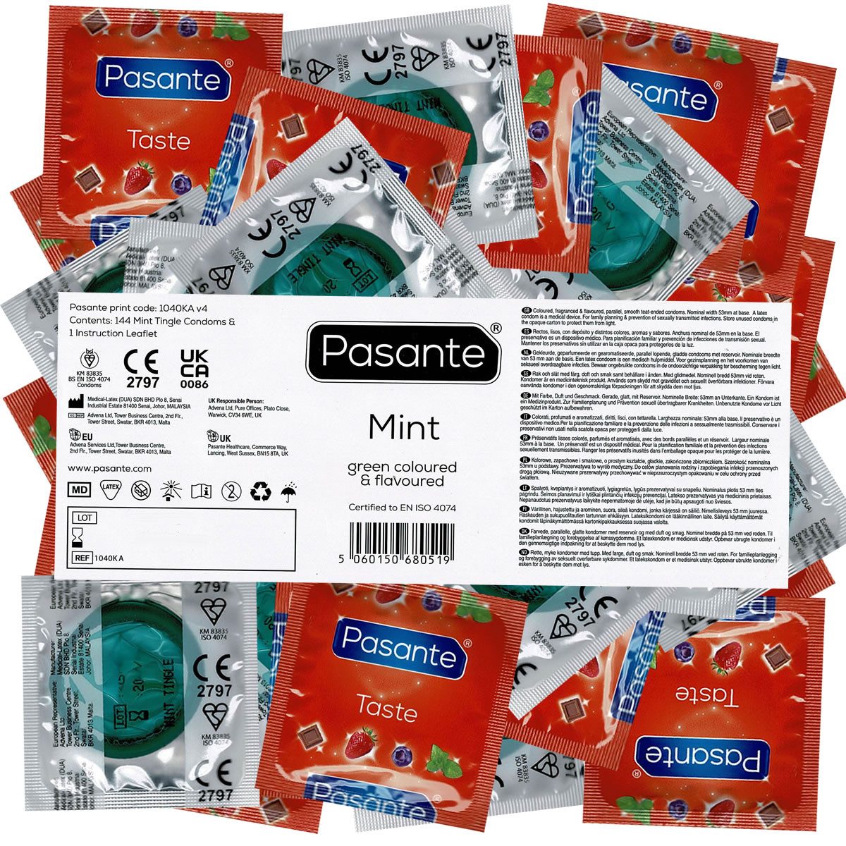 Pasante Презервативы Pasante Vorratspackung, fruchtige Презервативы mit Aroma Sorte: Mint, 144 St., Презервативы mit Minz Geschmack, Презервативы für Oralverkehr