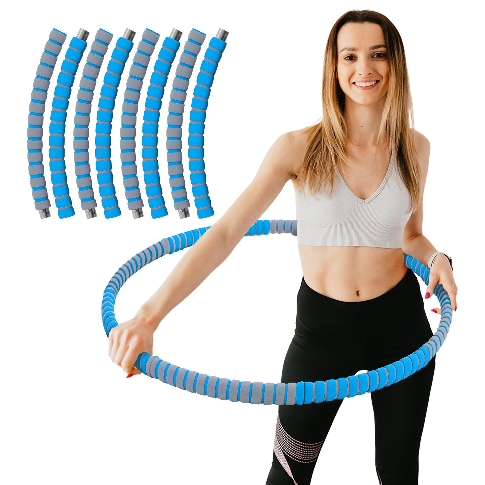 Hula-Hoop-Reifen Fitness Reifen Edelstahl 8 Teile gepolstert befüllbar Grau Blau