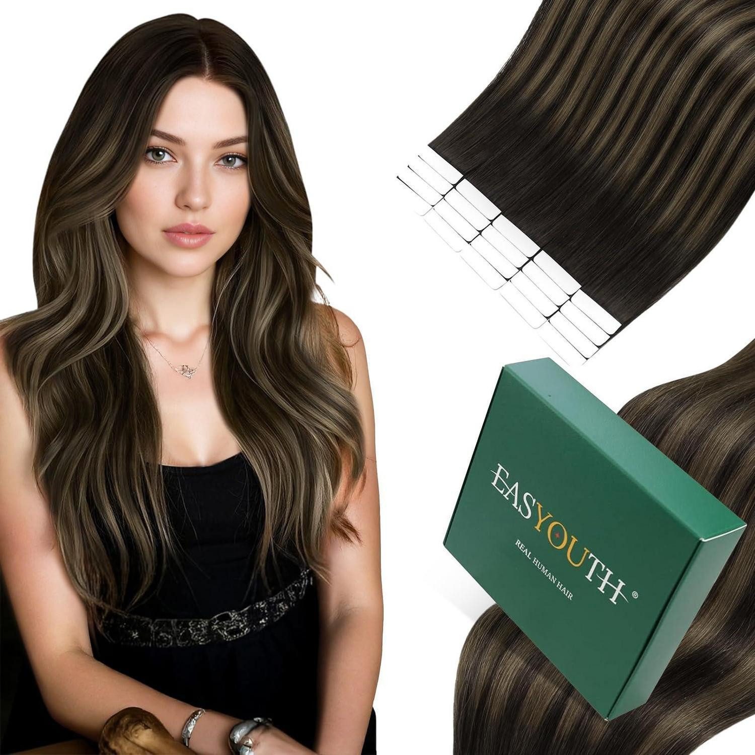 Echthaar-Extension Extensions Echthaar Tape Braun Ombre Remy Glatt 50g 1-18 #2 8 2 55 cm