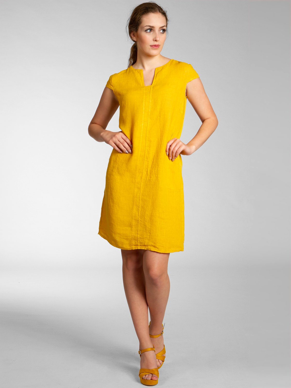 Caspar Sommerkleid Caspar SKL036 Damen Sommer Leinenkleid mit ausgefallenem Ausschnitt Luftig leicht, figurumspielende Form, mit seitlichem Jersey-Einsatz