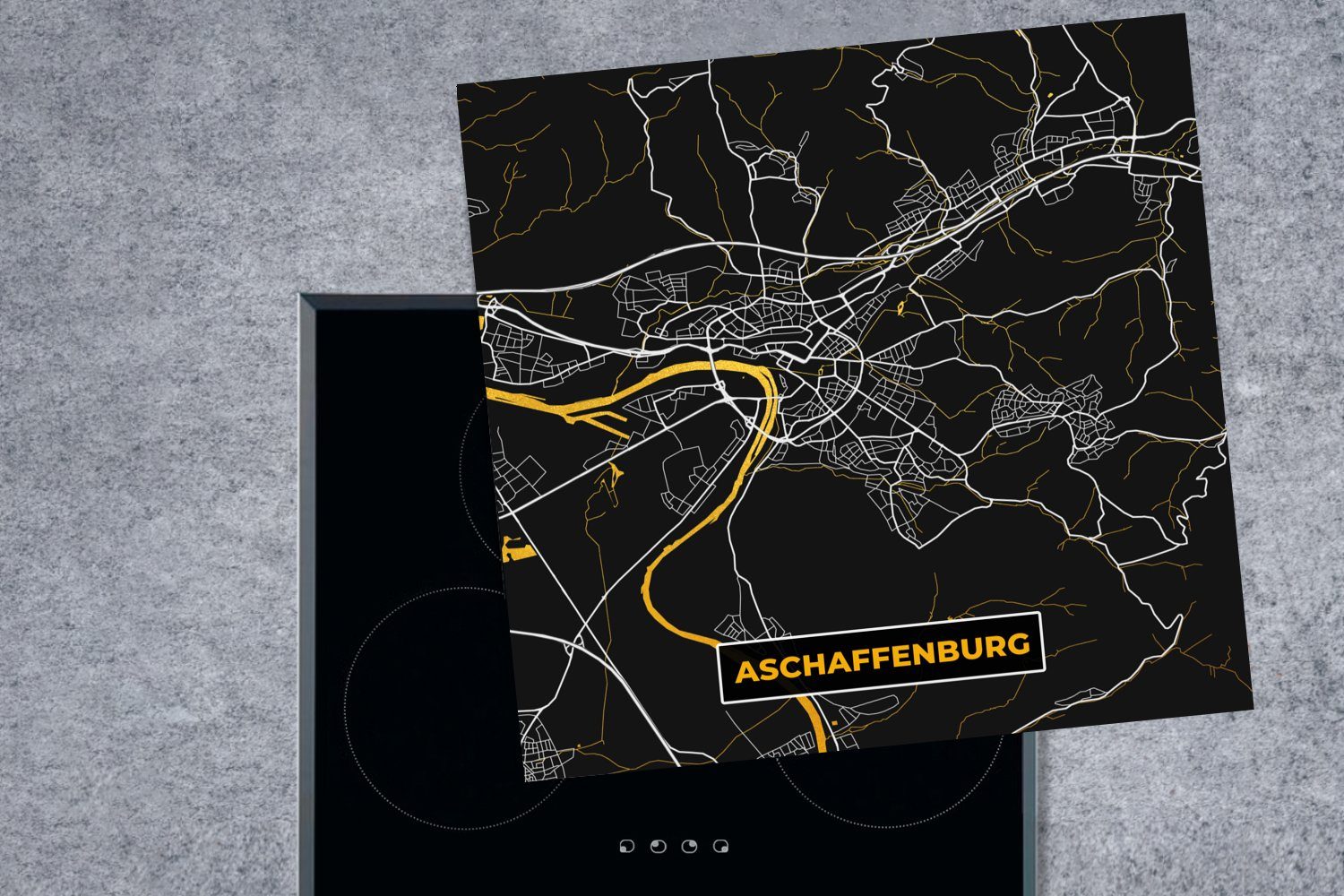 Deutschland Vinyl, Ceranfeldabdeckung, - Karte 78x78 (1 Arbeitsplatte - Herdblende-/Abdeckplatte tlg), Stadtplan - MuchoWow Gold küche - für Aschaffenburg, cm,