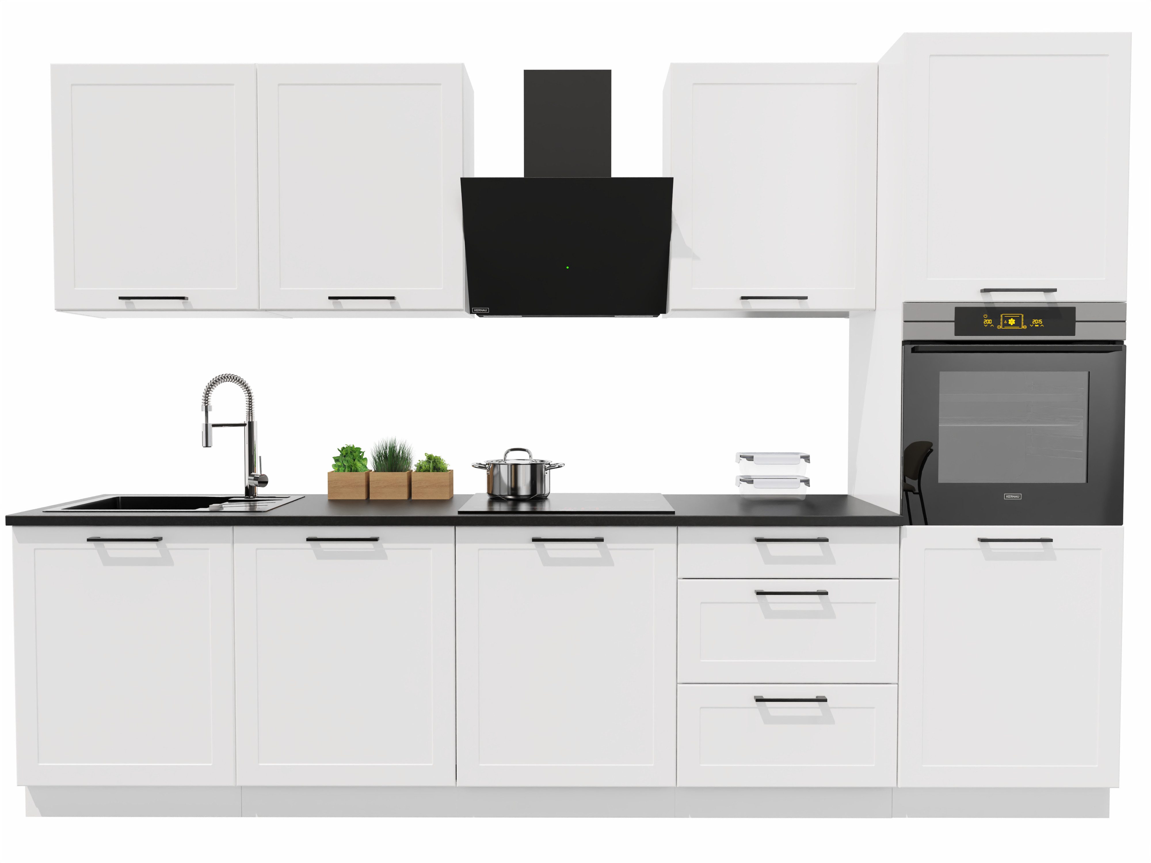 Möbel für Dich Küchenzeile Landhausküche Adele 300 cm, 8-teilig, mit Rahmenfronten in Mattweiß, Metallgriffe