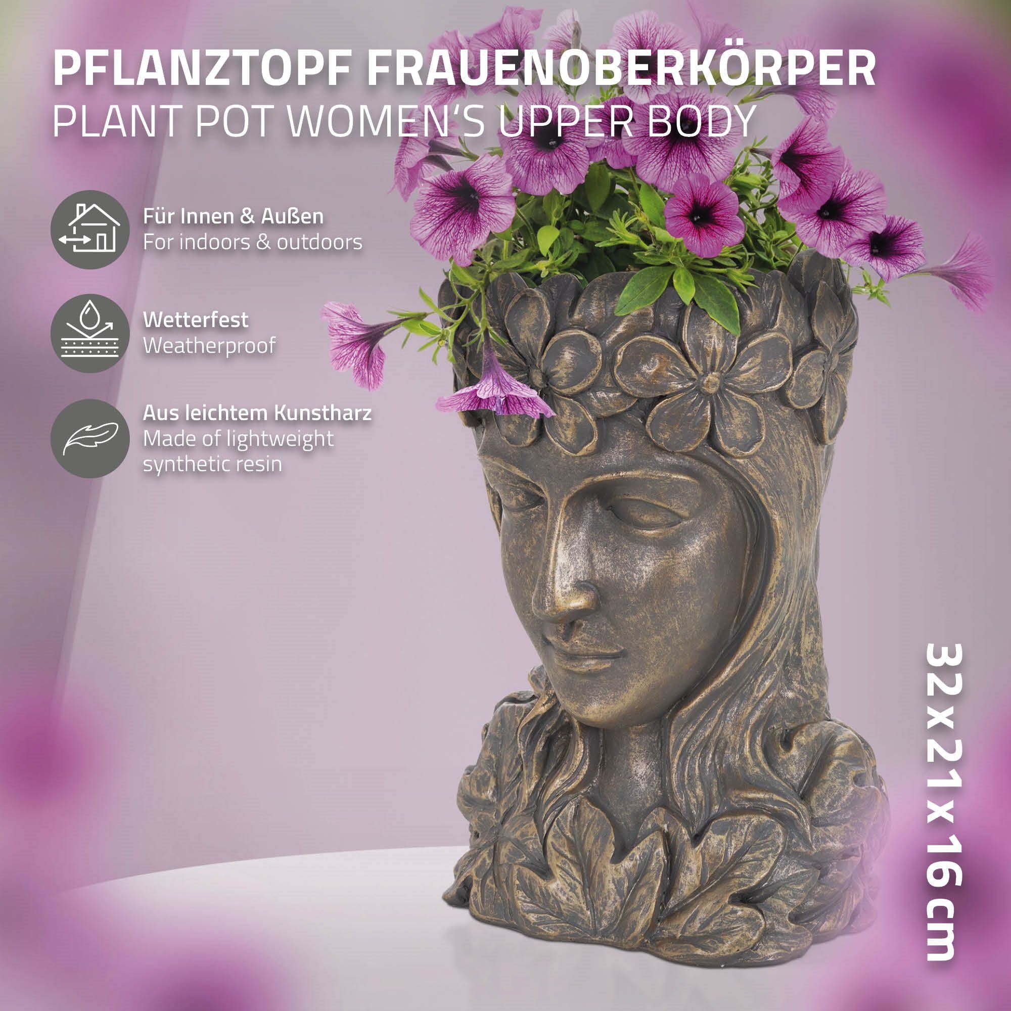 21x16x32 Dame Bronze Büste Groß Groß Skulptur Frauenkopf Blumentopf Innen/Außen cm Figur Kunstharz Pflanztopf Statue Gesicht, ML-DESIGN