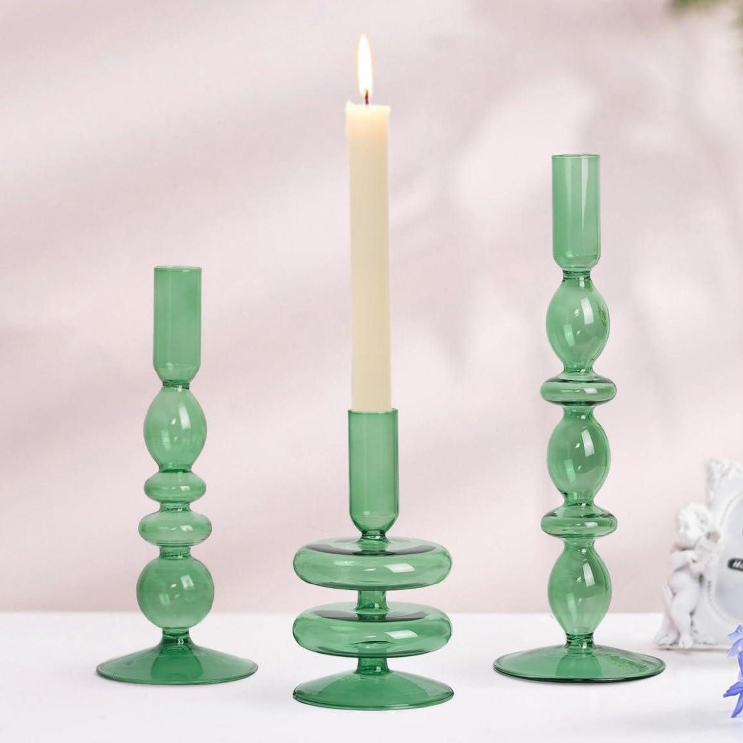 LuxusKollektion Kerzenständer Kerzenhalter Glas 3er Set Grün (3 St)