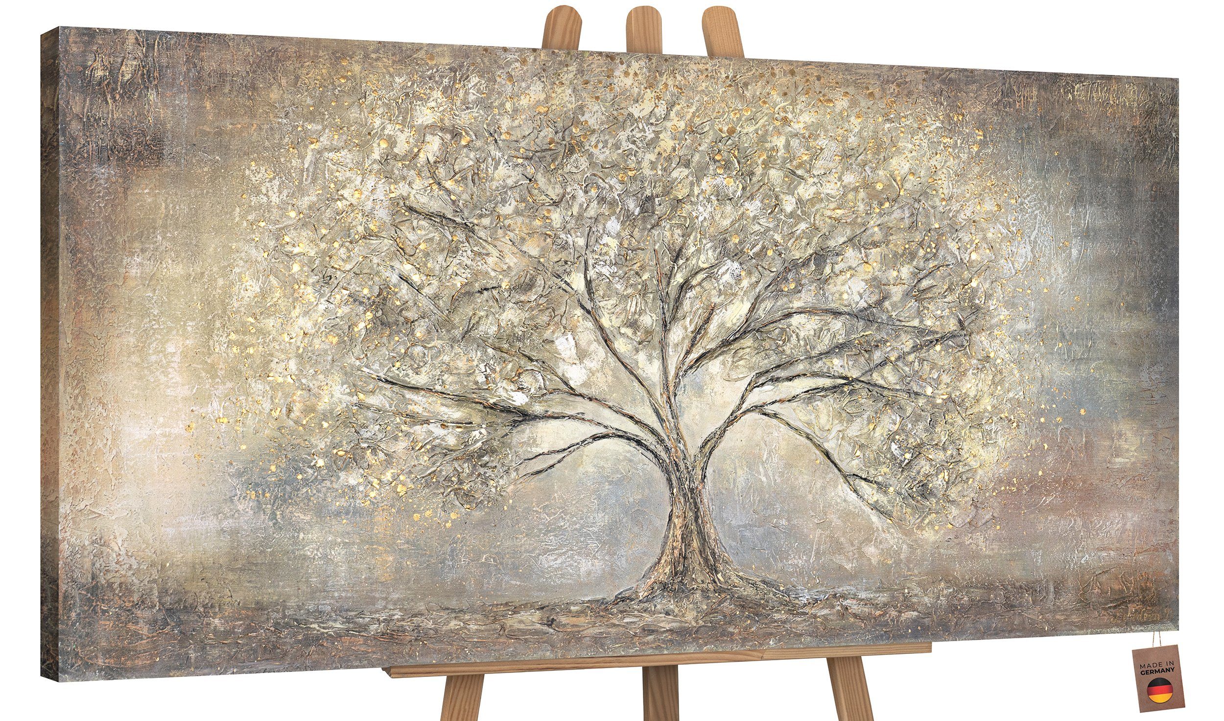 YS-Art Gemälde Goldbaum, Abstrakte Bilder, Leinwand Bild Handgemalt Gold Baum Stammbaum Braun Ohne Schattenfugenrahmen