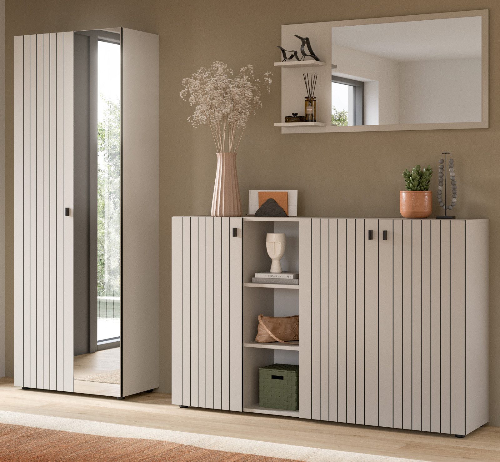 Inn.Furn Garderoben-Set Loreno, (Komplett-Set in Kaschmir / Sand mit Schwarz, 3-St., 230 x 192 cm), variable Einteilung, bis zu 15 Fächer