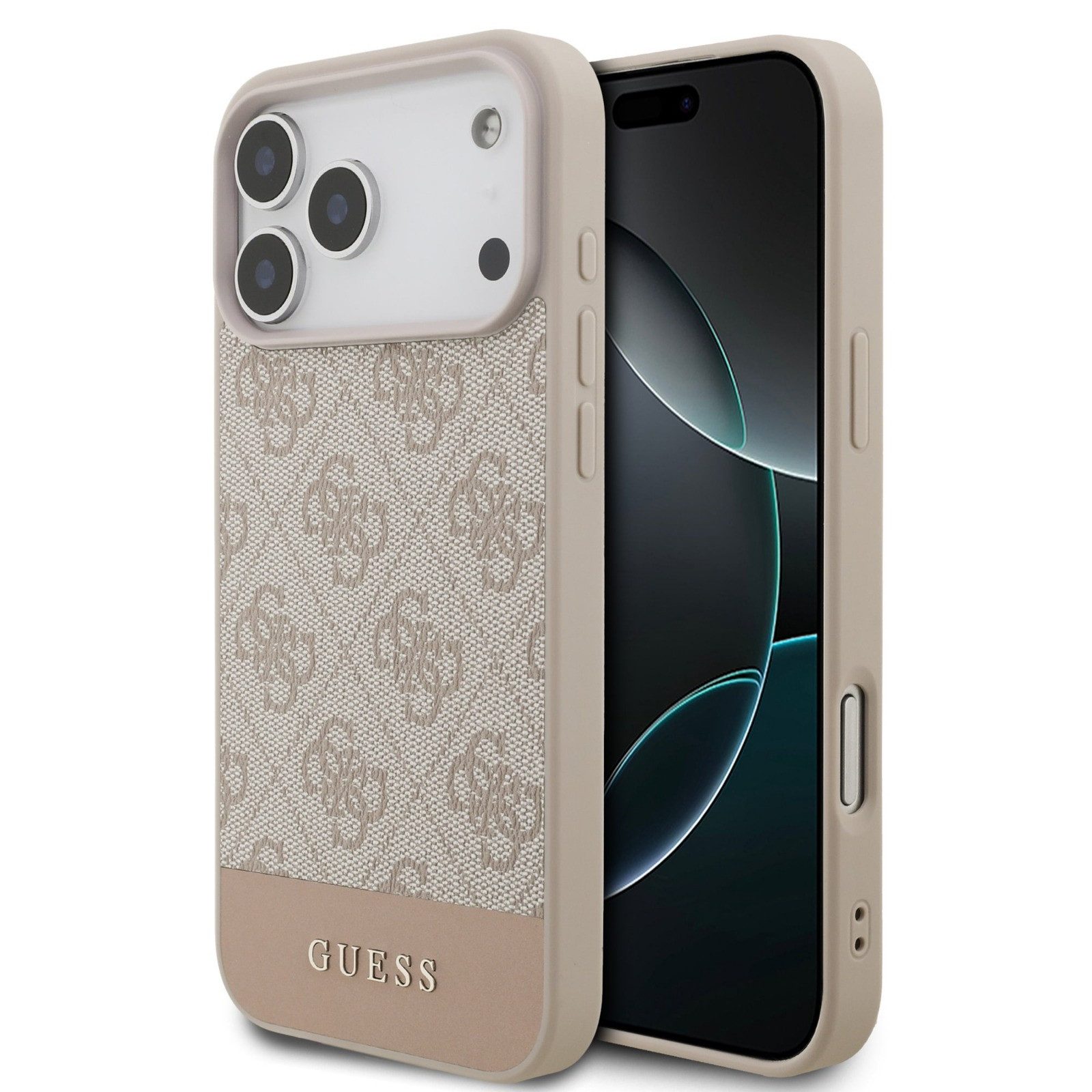Guess Handyhülle Case iPhone 17 Pro Classic Kunstleder rosa Muster Logo goldfarbig 6,3 Zoll, Kantenschutz