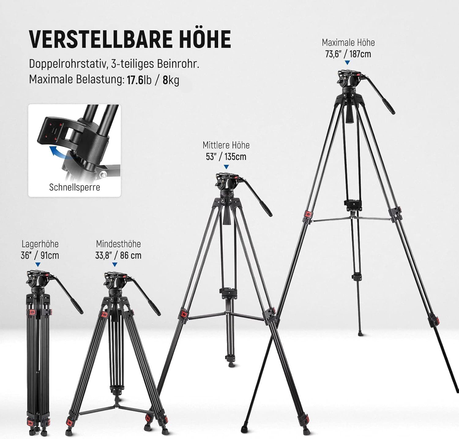Neewer TP74 Videostativ mit Fluidkopf, QR Platte kompatibel mit DJI RS Dreibeinstativ (Höhenverstellbar 86-187 cm, skalierte Basis, für DSLR Kameras)