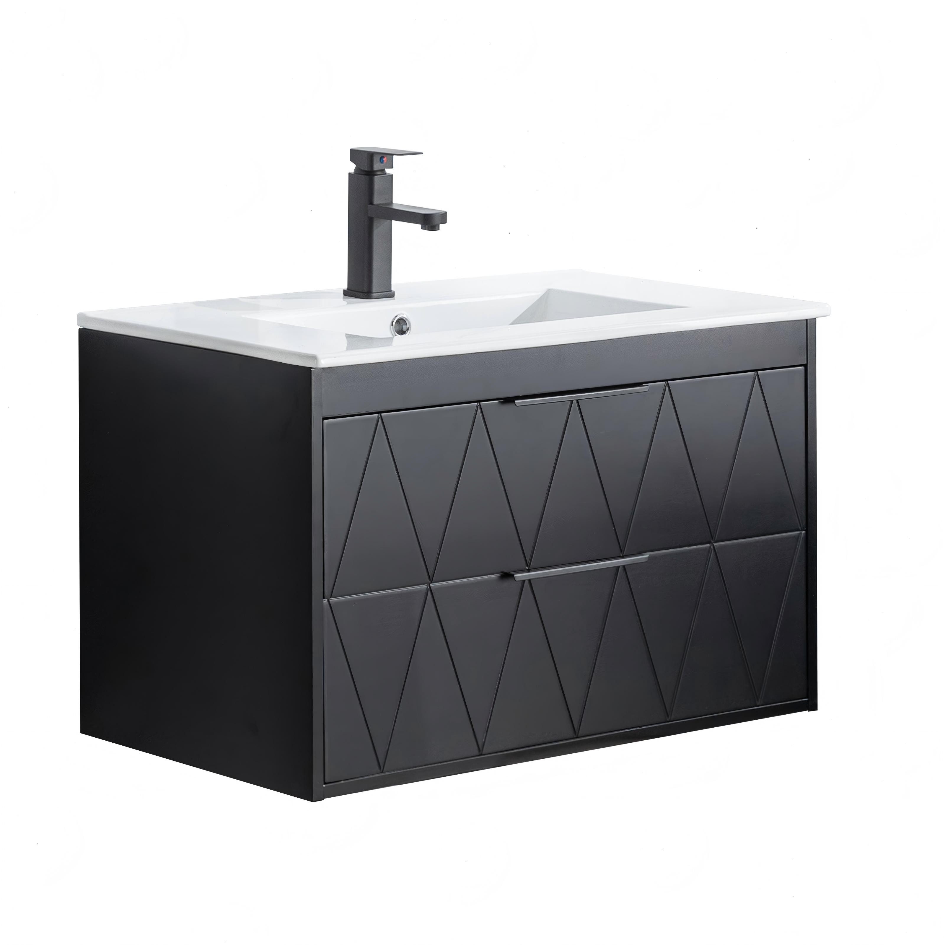 UEV Waschtisch mit Unterschrank, Hängender Waschbeckenunterschrank 60cm/75cm/90cm (mit Wasserhahn und Pop-up-Ablassventil), Soft-close Schubladen, Badezimmerschrank mit Waschbecken aus Keramik