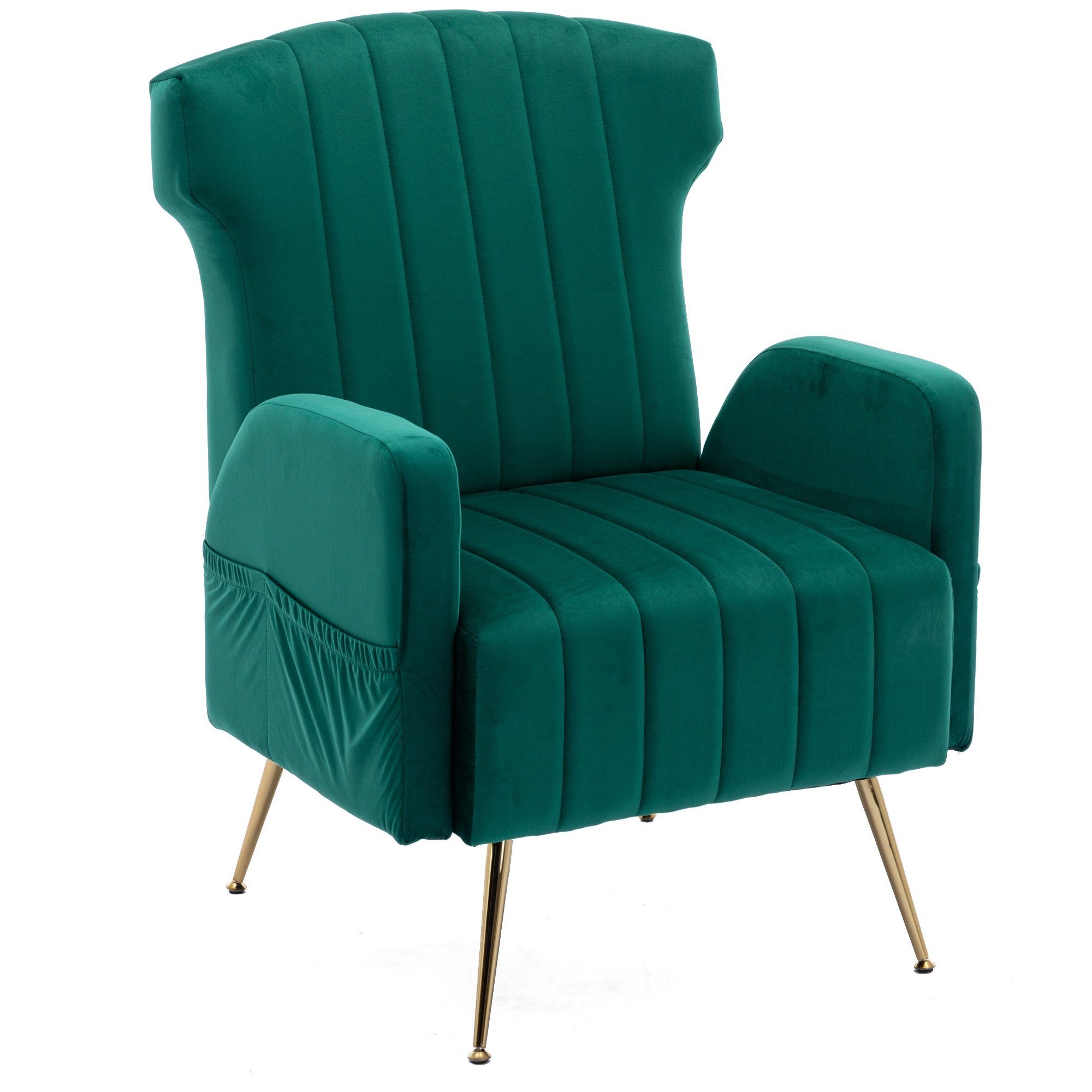 Relaxsessel mit Loungesessel Sessel WISHDOR Füßen Samt, mit Polsterstuhl, eitentaschen, goldenen Fernsehsessel grün