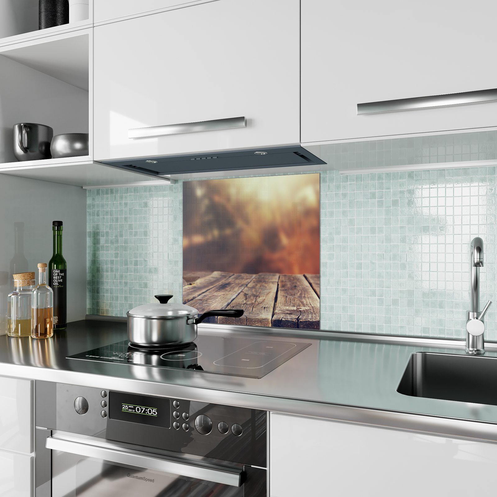 Primedeco Küchenrückwand mit Küchenrückwand Spritzschutz Sonne Glas Holzplatte unter Motiv